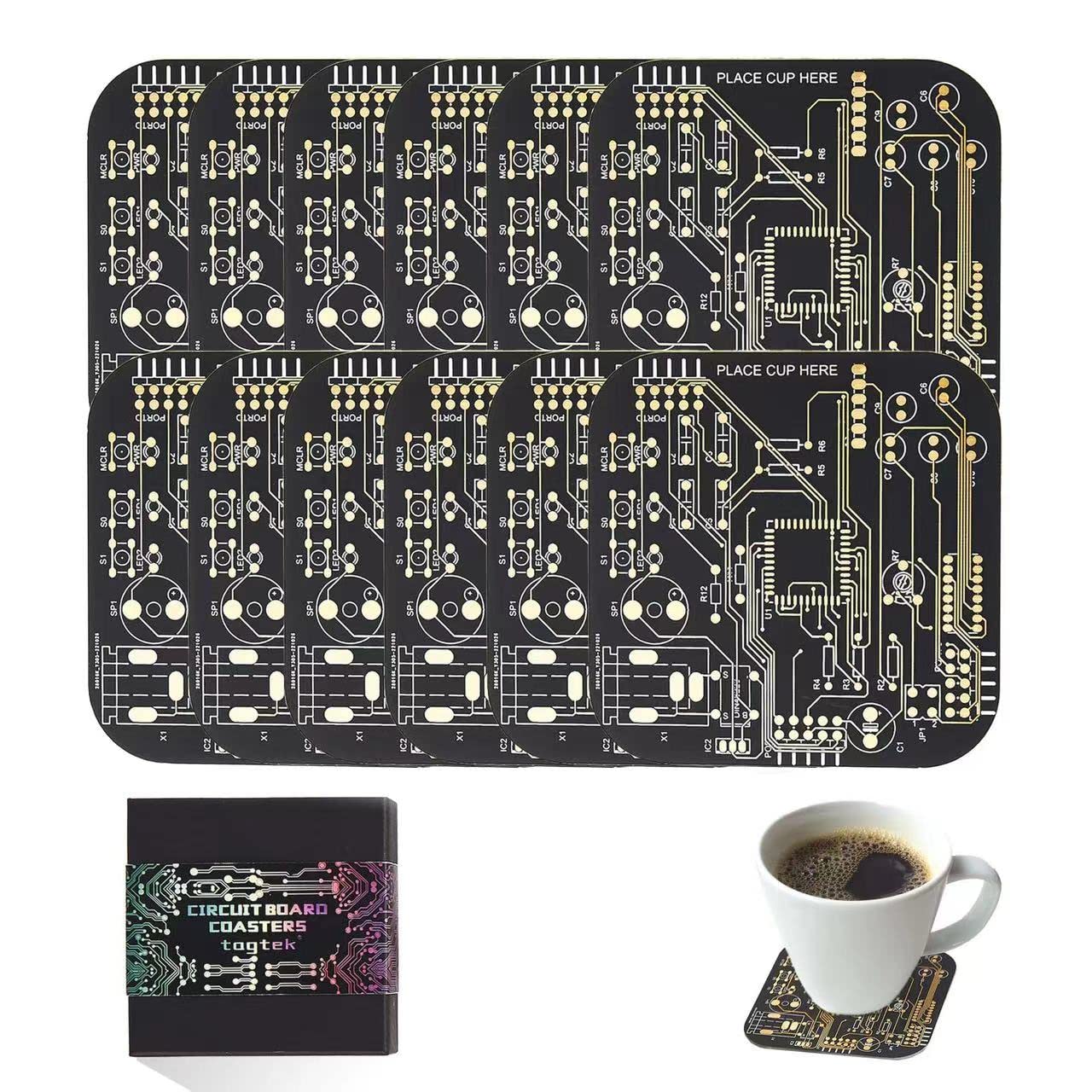 Circuit Board Coasters for Coffee Table Gamer Bar Office Desk for Boyfriend Geeky Engineer Nerd Gift Tech Gifts Dad Men Women Gifts (12 x Black/Pack)