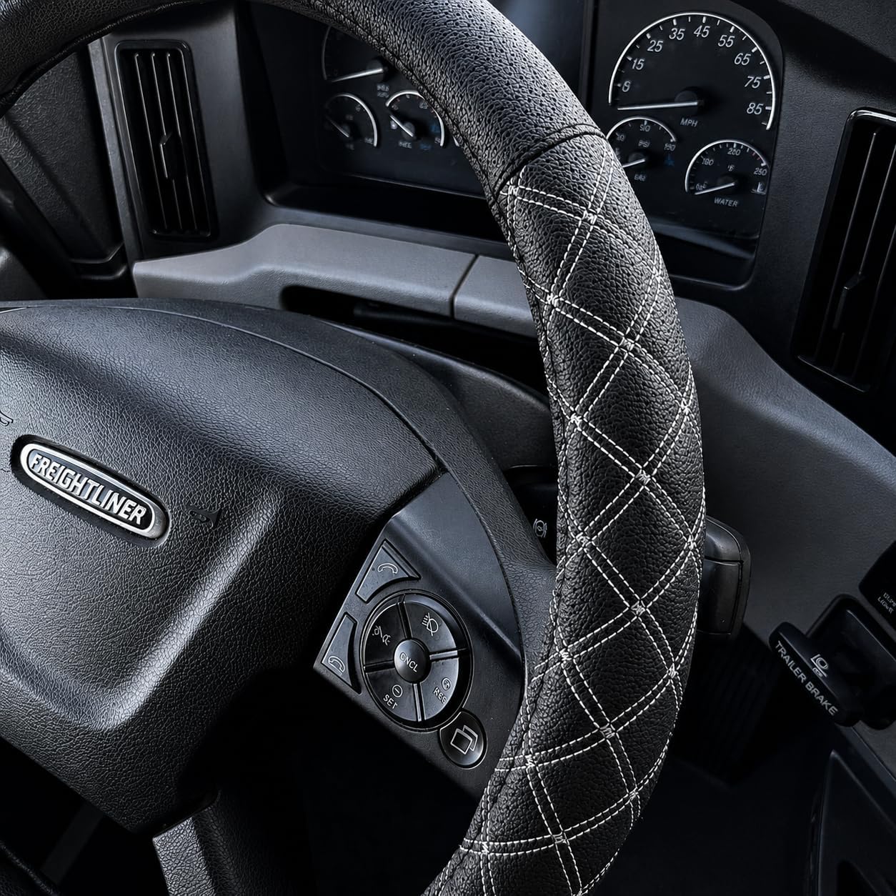 Steering Wheel Cover 18 inch Size Faux Leather Semi Truck, BLACK WITH GREY STITCHING