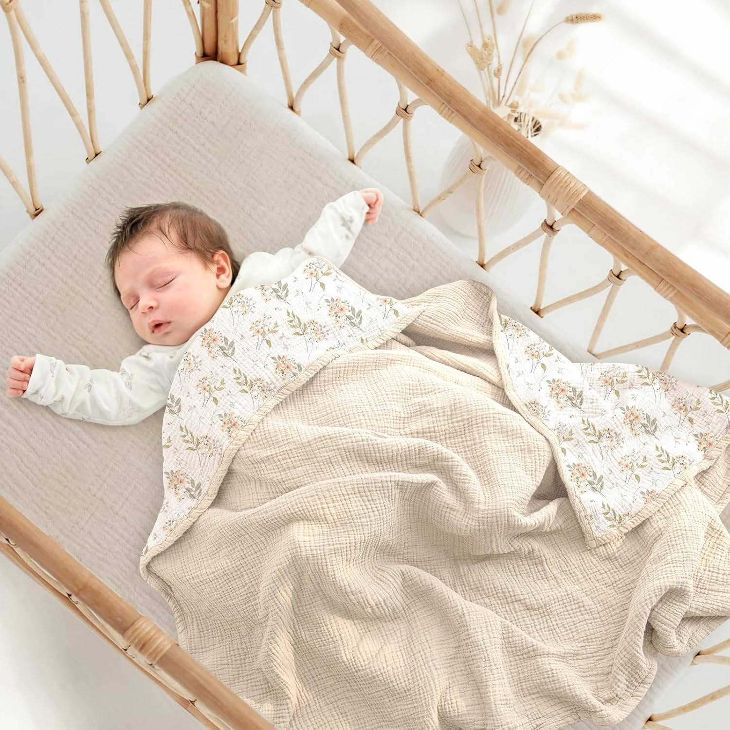 lulumoon Muslin Baby Blanket for Girls - Soft Cotton for Newborn - 4 Layer Reversible Breathable Floral Receiving Blanket for Nursery Crib and Stroller 47"x47" (Ivory Flower)