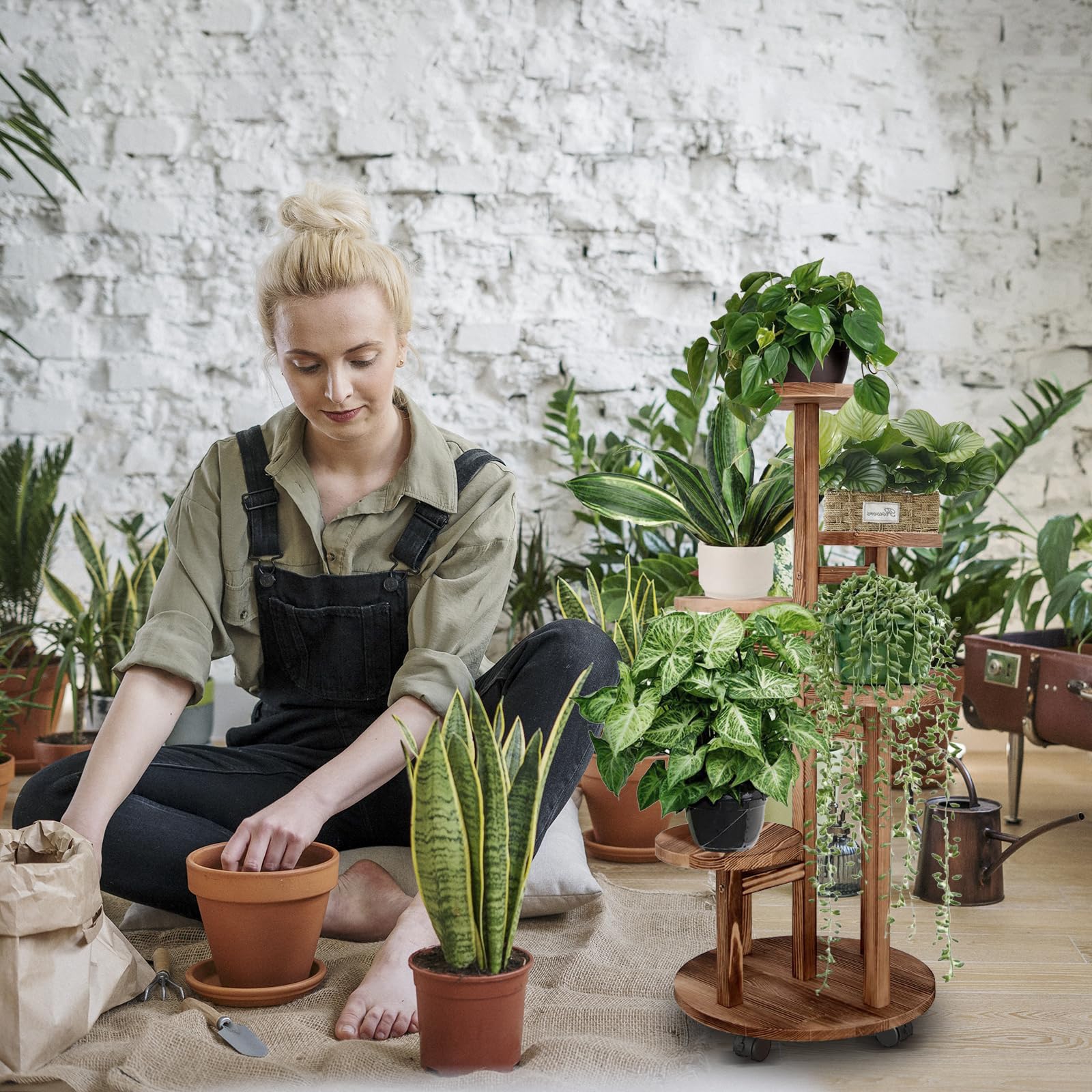 Estanteria para Plantas Madera 5 Niveles Soporte Plantas Interior Macetas con Ruedas para Jardín (1#)