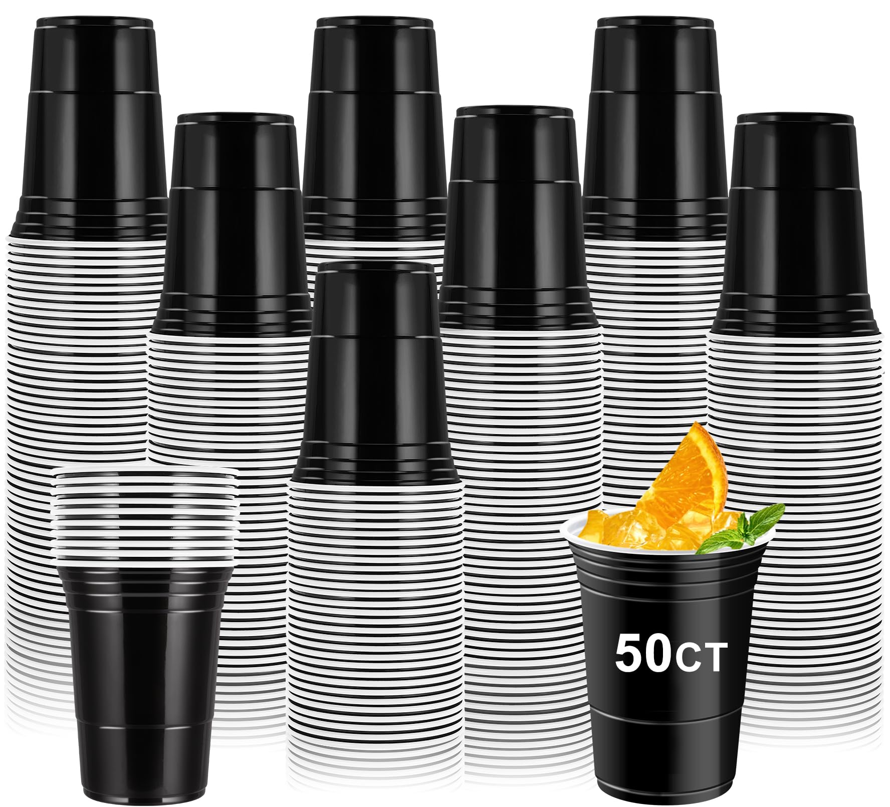 EOGRFW 50 vasos de plástico negro de 16 oz, vasos festivos para cualquier evento, vasos de plástico, muy estables y resistentes, para cumpleaños, bodas, Halloween, camping, picnics