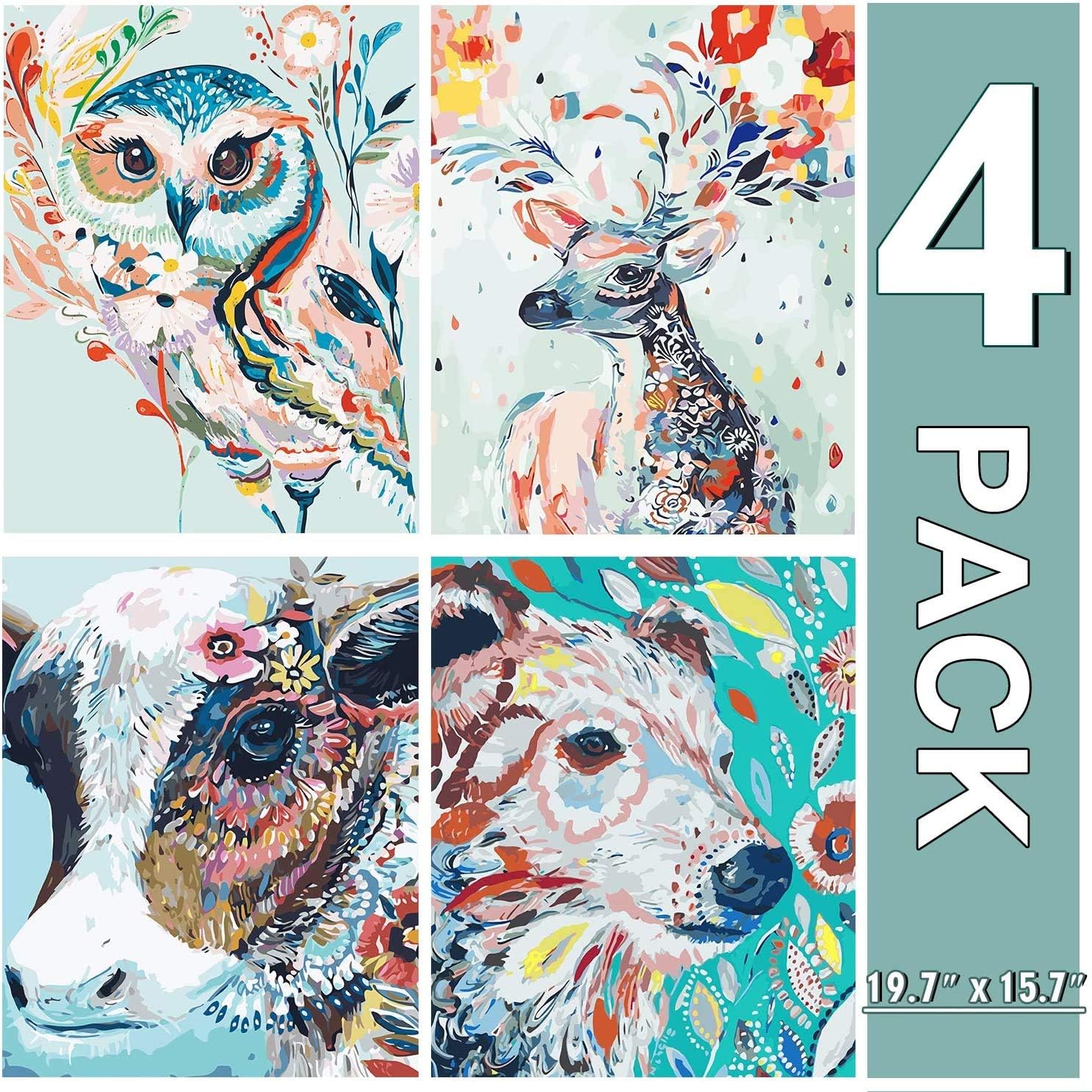 XPCARE Paint by Number Kits Canvas DIY Oil Painting 16 x 20 inch Animal Pattern for Kids & Adults (4Pack)