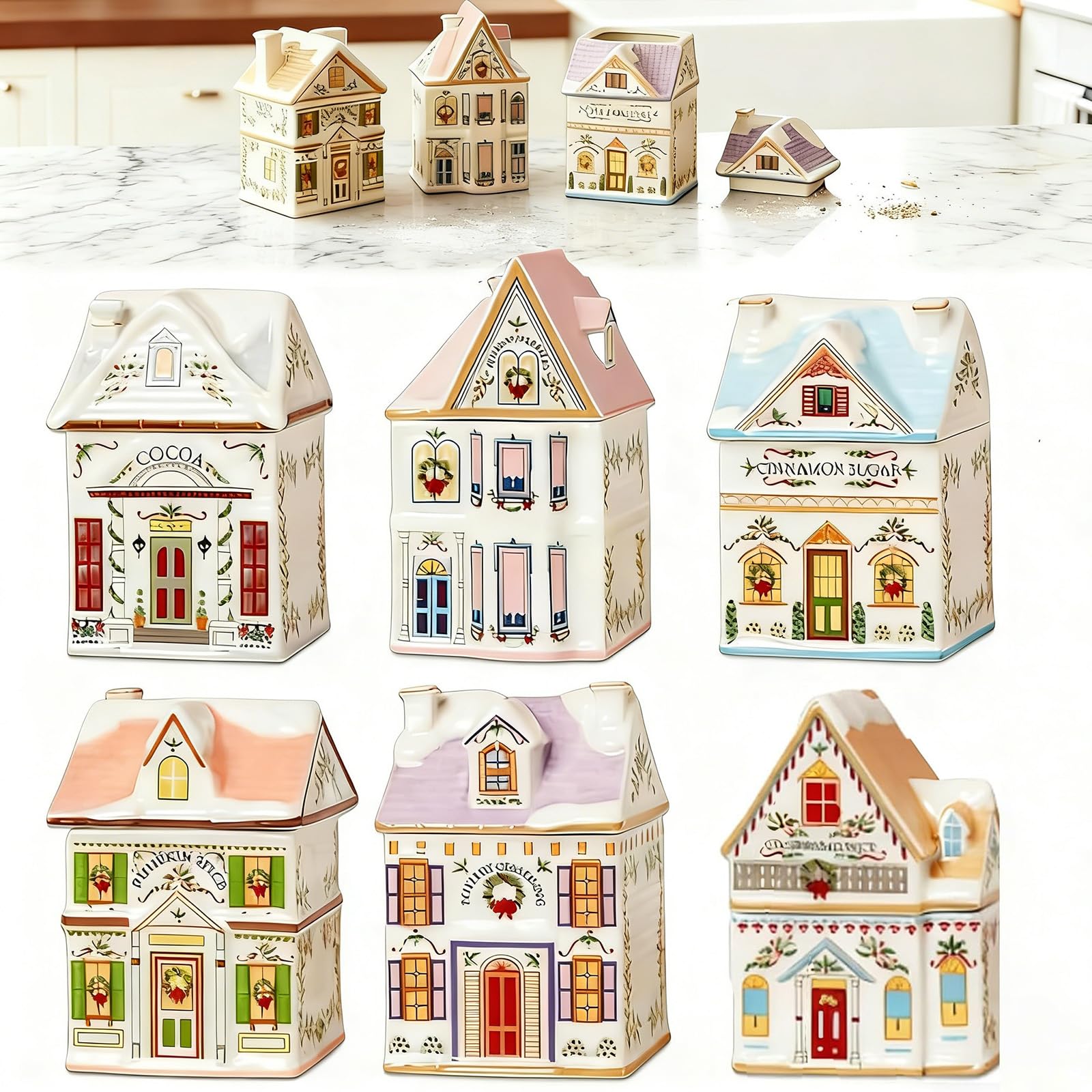 6-Piece Mini Christmas Gingerbread Houses Spice Jars Set - Vintage Holiday Village Spice House Decor with Lids for Kitchen Countertop, Classic Spice Village Collection