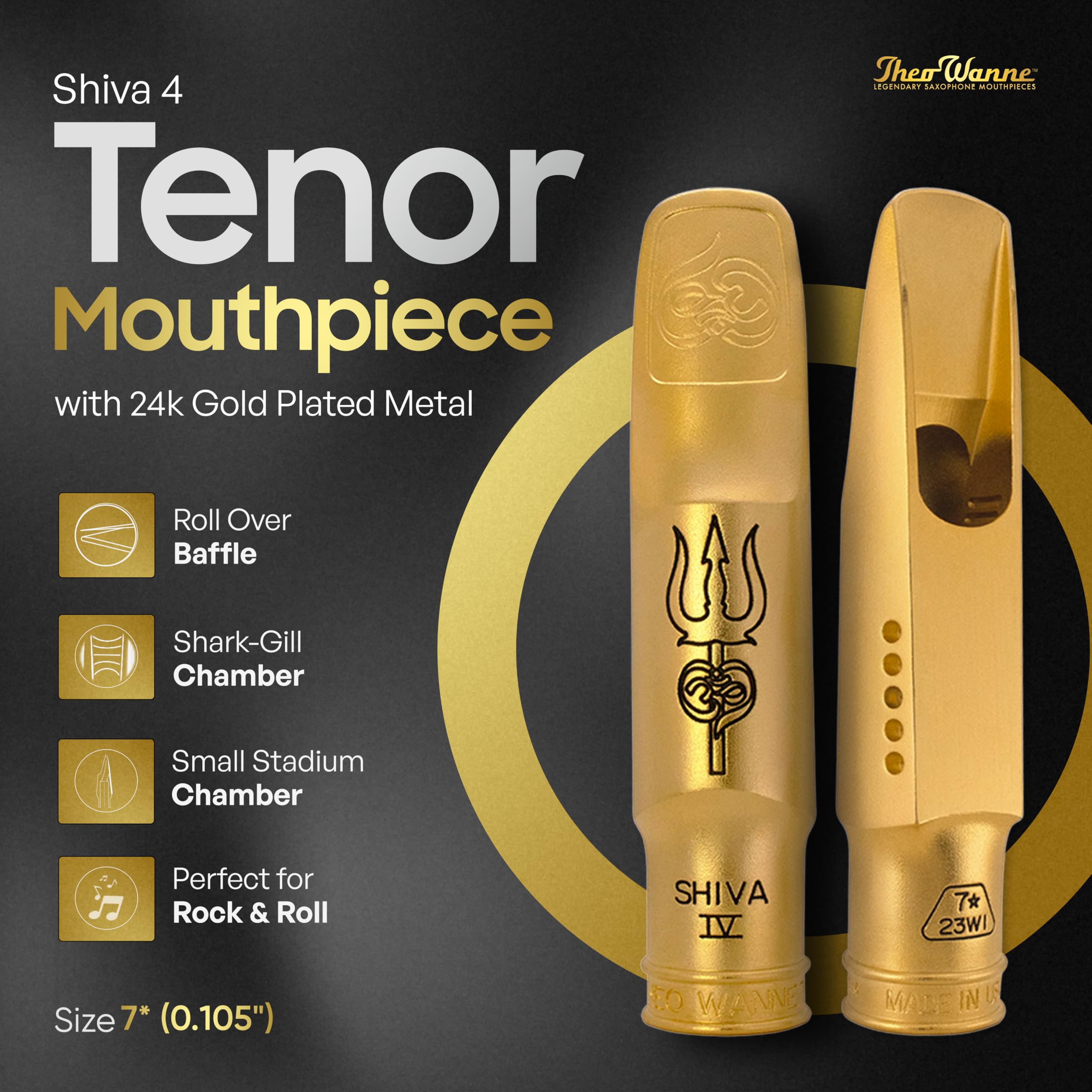Theo Wanne Shiva 4 Bocchino per sassofono tenore in metallo placcato oro 24 k con deflettore a onda, piccola camera squalo-branchia dello stadio e finestra ellittica per generi pop, rock & roll e