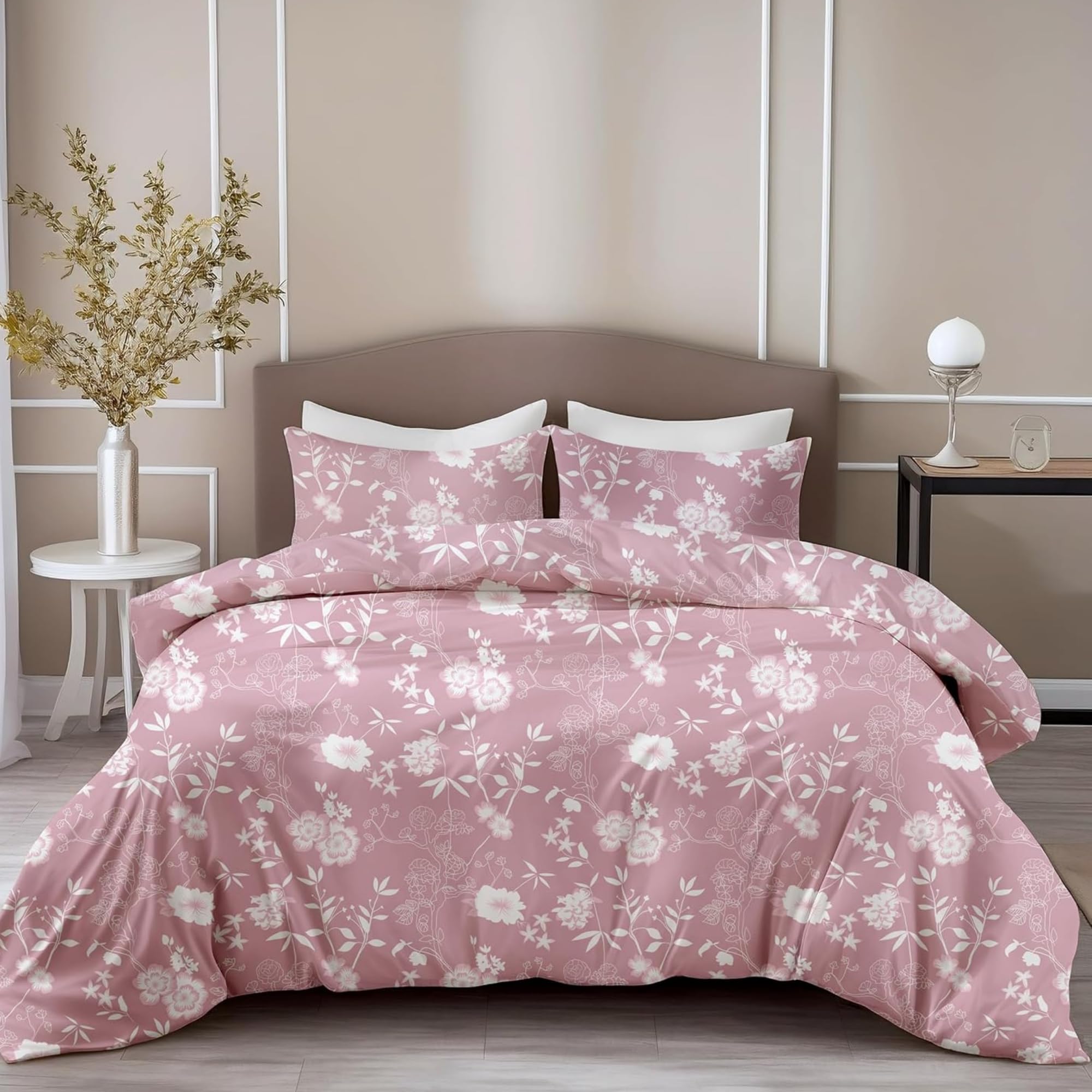LORETO - A QUALITY LINEN BRAND 100% Pure Cotton Bedsheet for King Size Bed, 144TC Soft & Breathable King Size Bed Sheet Cotton with 2 Pillow Covers (Blush Pink Vine Blooms, 104 x 104 Inches)