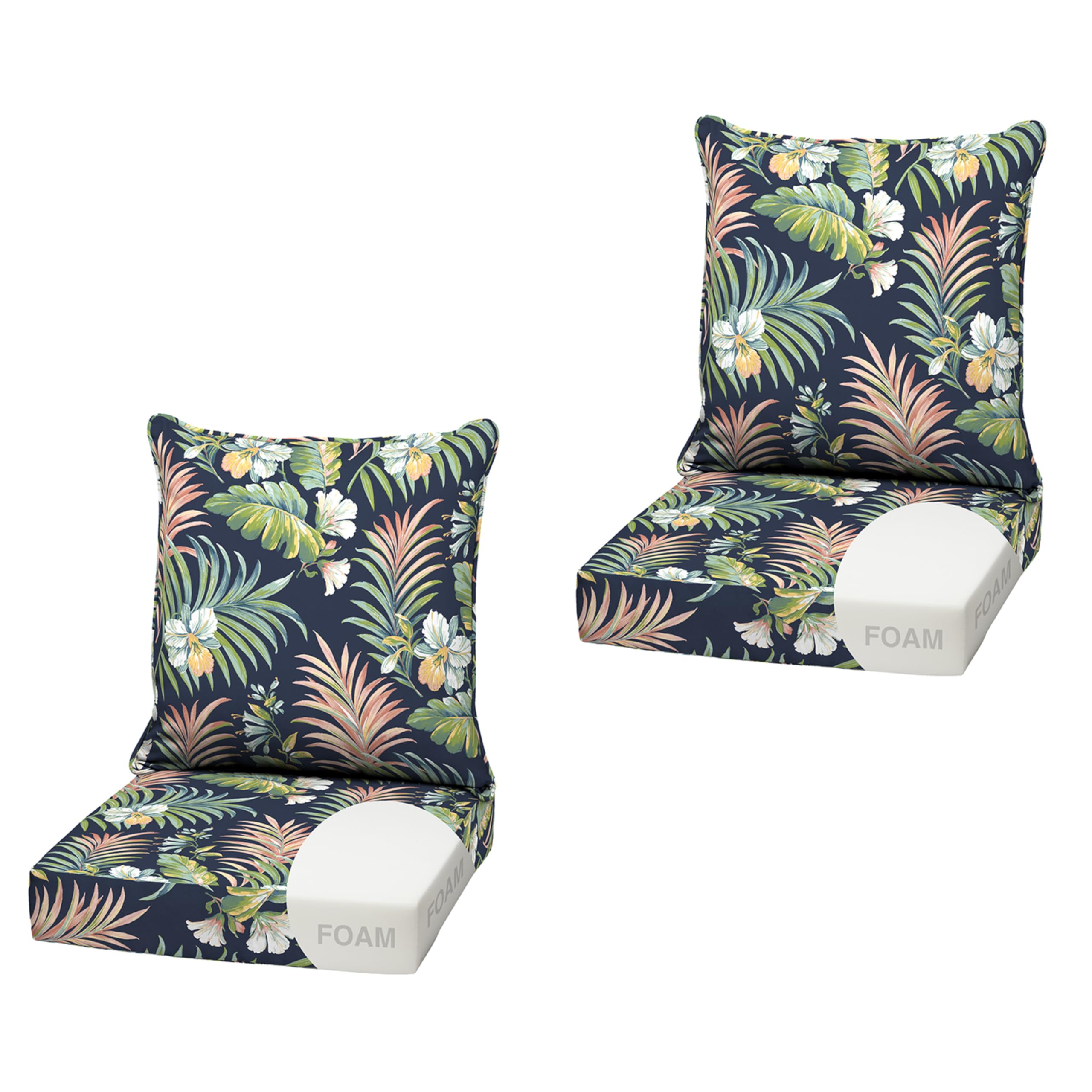 Arden Outdoor Deep Seat Cushion Set, Foam, 2-Pack, 22x24, Blue Tropical