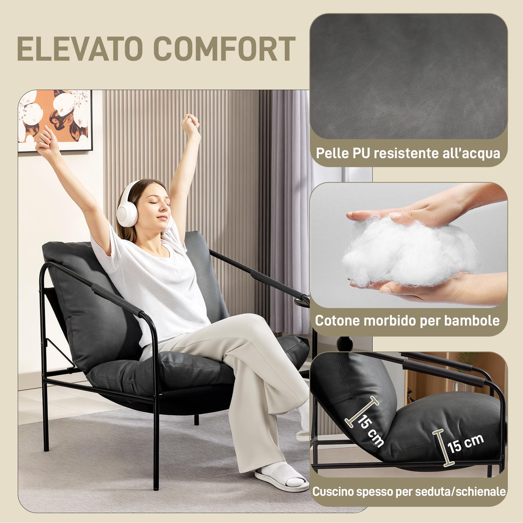 HOMCOM Poltrona da Salotto Imbottita Moderna, Poltroncina Camera da Letto con Cuscini Rimovibile, Braccioli e Telaio in Metallo, Poltrona Relax in Pelle PU per Soggiorno, 74.5x75x77 cm, Grigio Carbone