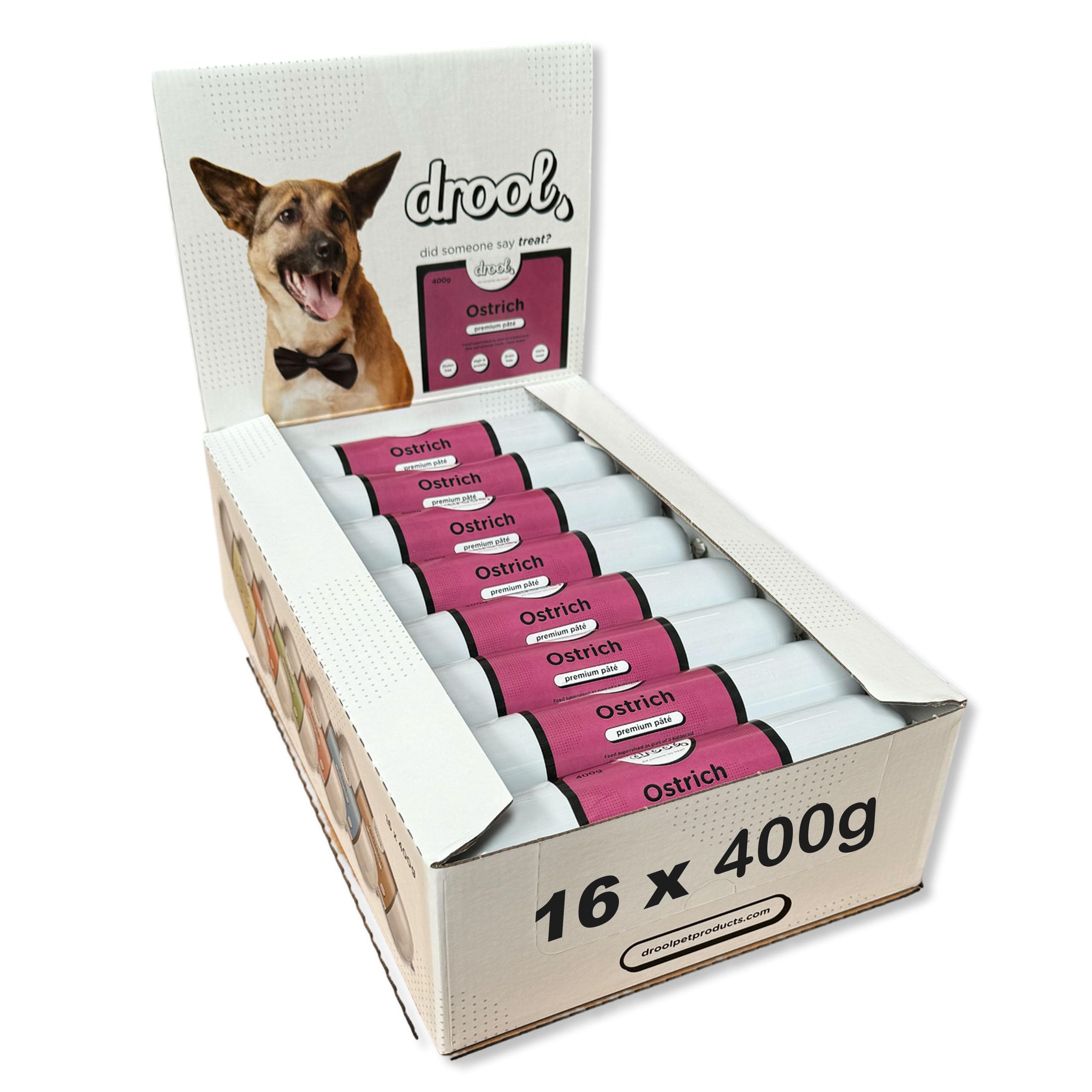 Drool Pet Products Dog Food | Multi Pack 16 x 400g Premium Dog Pate Tube | Ostrich
