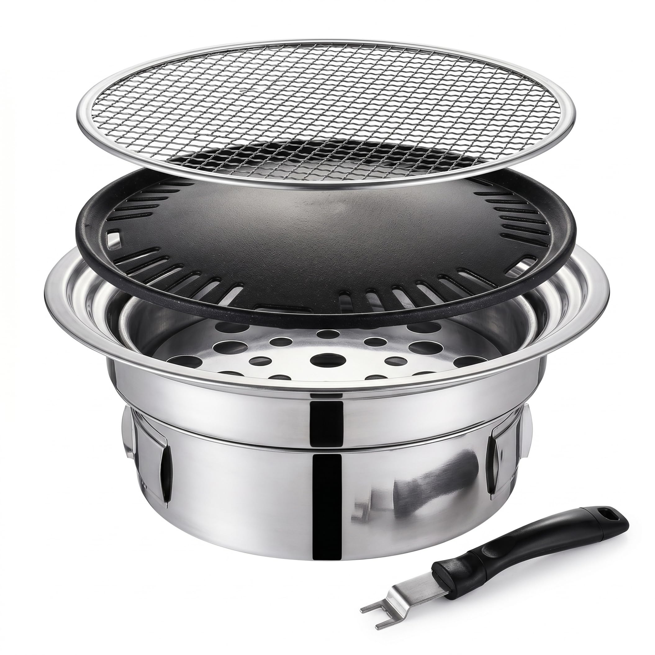 Barbecue Coreano Portatile, Barbecue a Carbone con Padella Antiaderente e Rete per Uso Interno ed Esterno, Coreano, a Carbone Portatile, Padella Antiaderente e Rete, Piccolo per