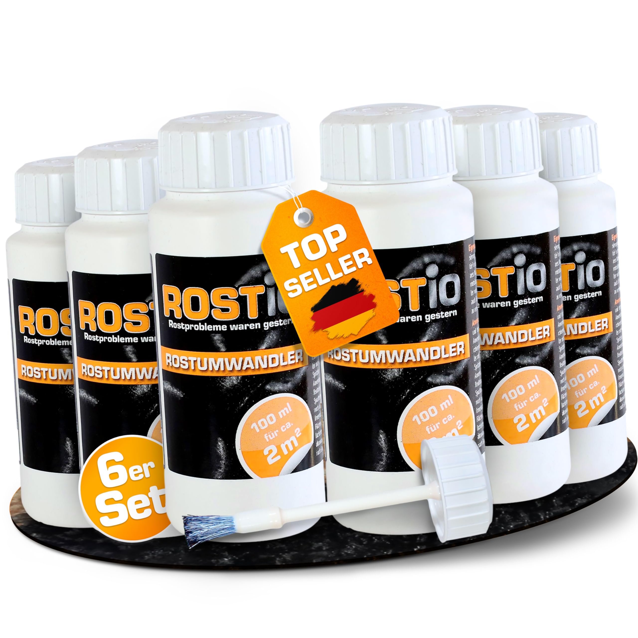 Rostio Rostumwandler 6X 100 ml – Rostentferner mit Pinsel – Rostkonverter & Grundierung – für Auto, Stahl & Eisen – kein Abwaschen – überlackierbar nach 6–8 h – ergiebig bis 12 m²