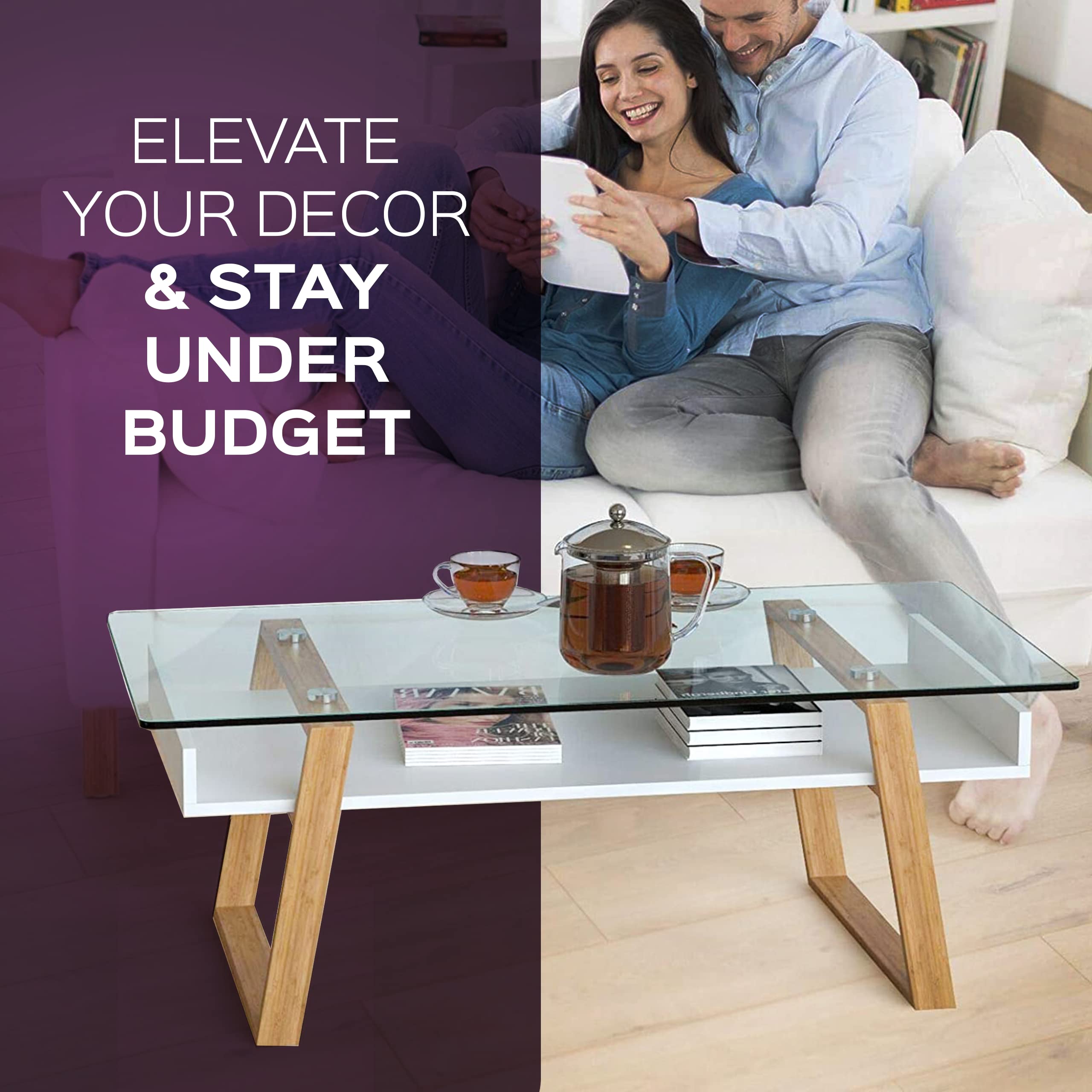 Bonstato Mesa Auxiliar Cristal Madera con Bandeja | Mesa de centro moderna con bandeja integrada. Ideal para salón, oficina y espacios pequeños.