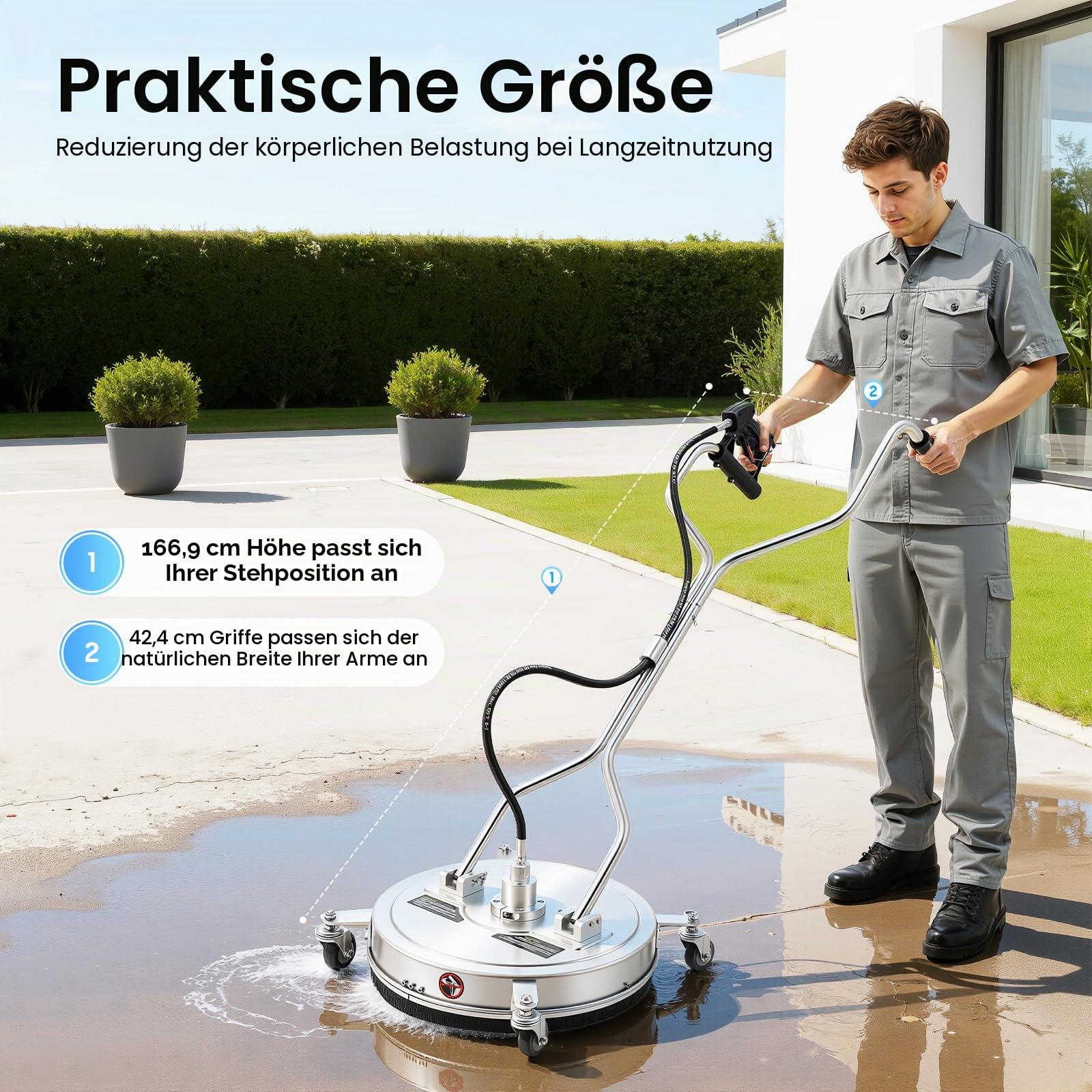 20" Bodenreiniger 4000PSI Bodenreiniger Flächenreiniger Hochdruckreiniger Silber Bodenreinige zum Saugen, Wischen und Trocknen mit 2 Ersatzdüsen
