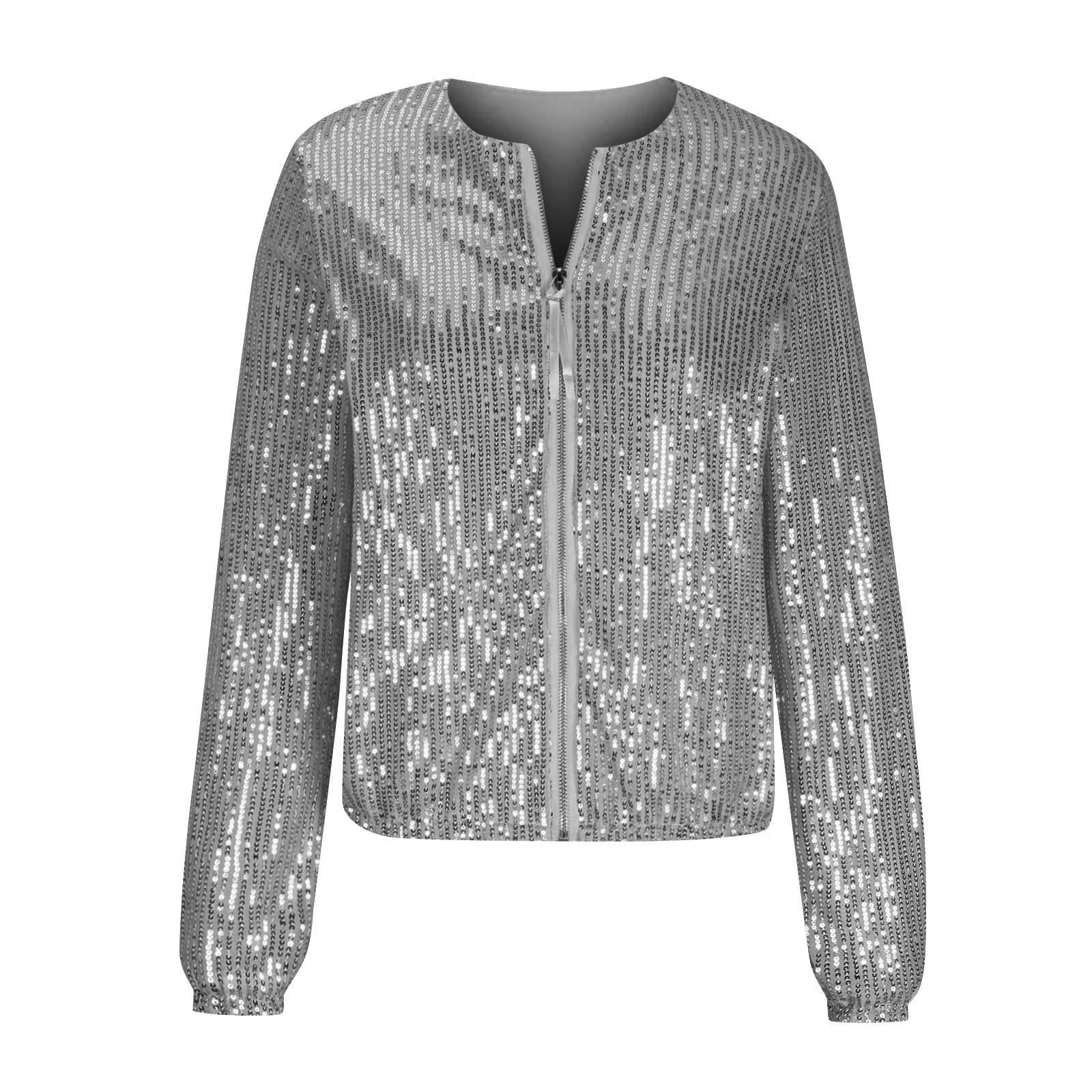 Chaqueta brillante para mujer, chaqueta bomber de lentejuelas, chaqueta ligera de invierno con cremallera, chaqueta de lentejuelas holgada, chaqueta de piloto, chaqueta holgada, sin capucha
