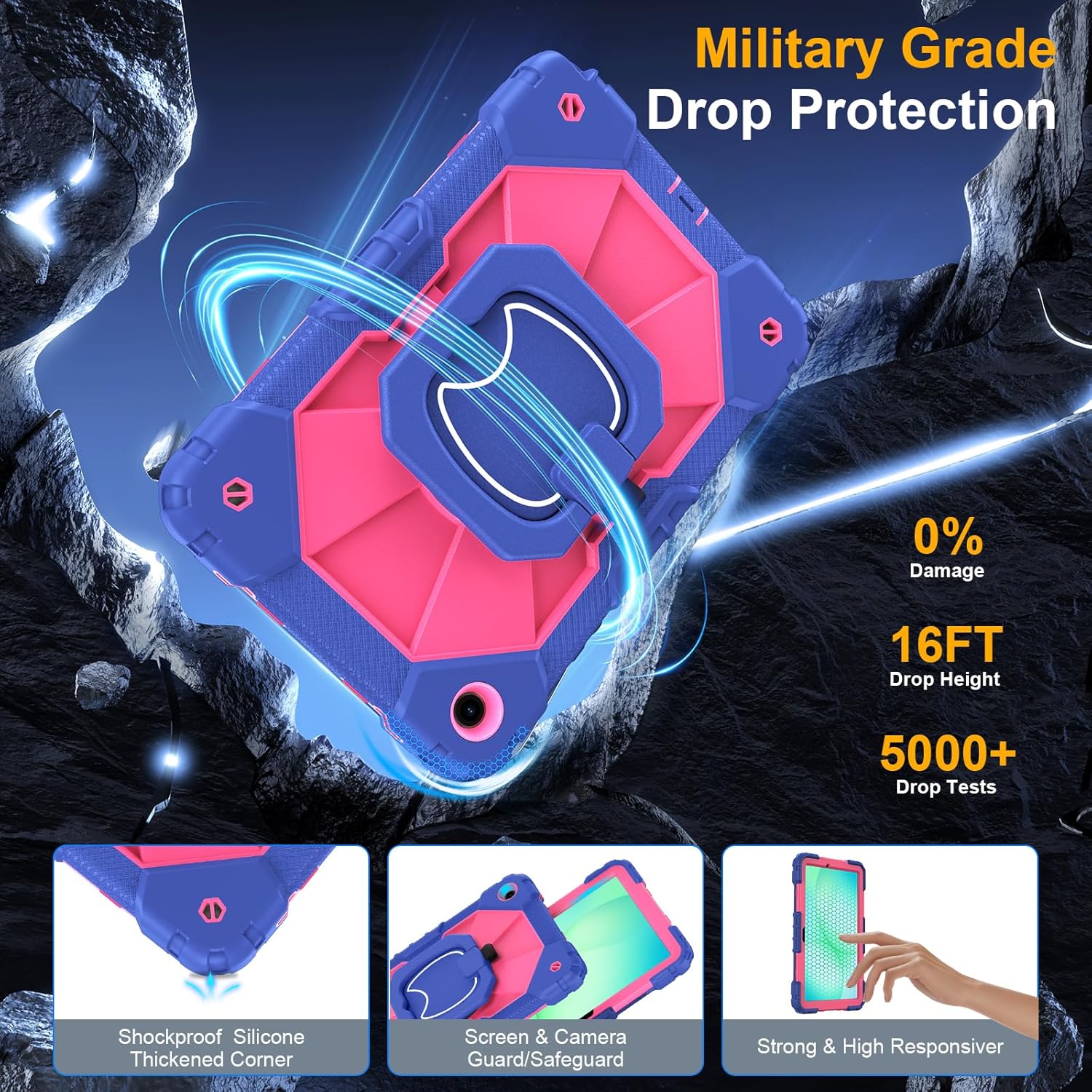 Case for Samsung Galaxy Tab A11+/A9+ Plus 11 Inch 2026/2024, Auorld Rugged Case for Samsung Galaxy A9+/A11+ Tablet with Screen Protector 360 Rotating Stand Shoulder Strap Pen Holder, Navy Pink