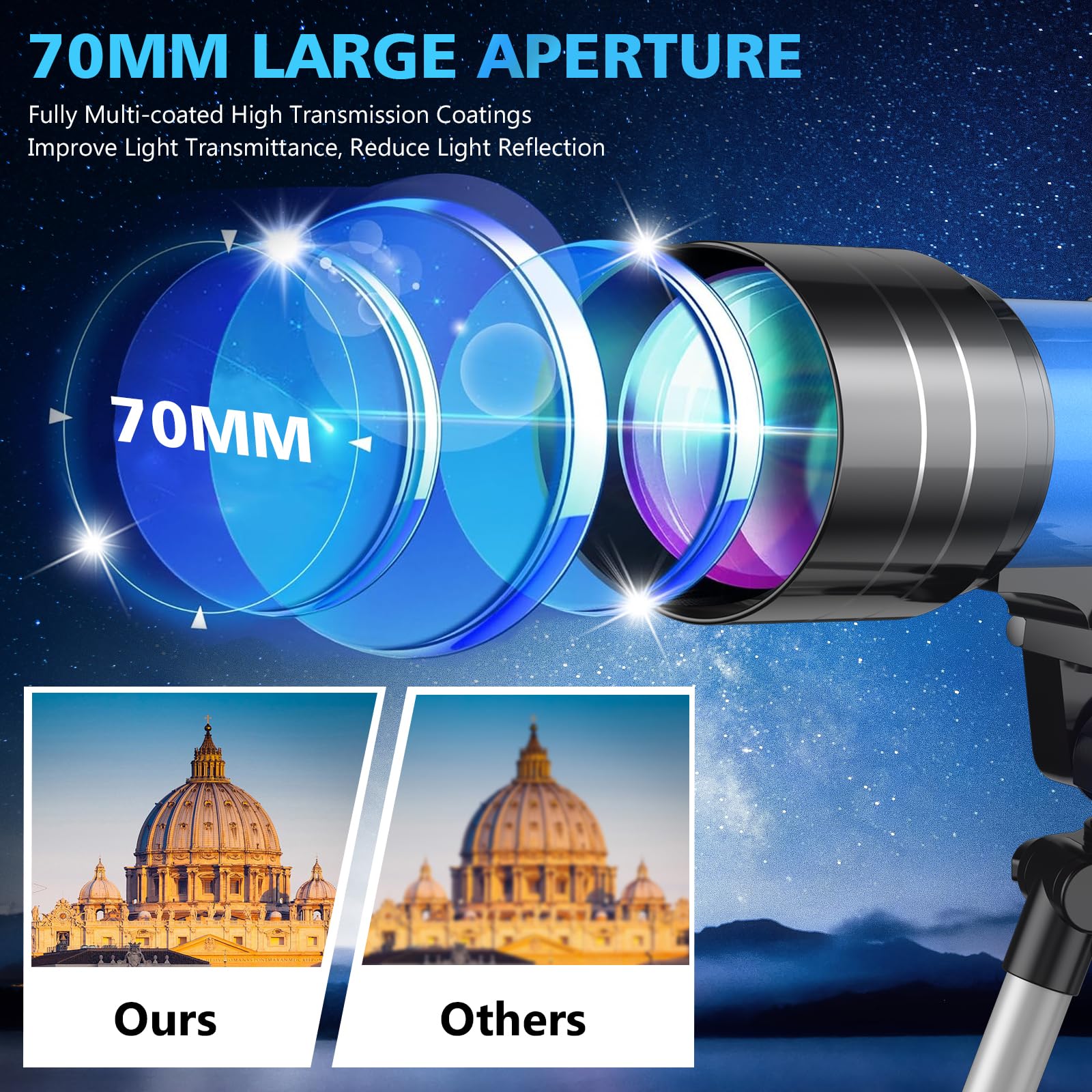 Télescope 70MM Ouverture pour Adultes Enfants débutants en Astronomie, Telescope astronomique réfracteur entièrement Multicouche à Haute Transmission, Trépied, Adaptateur Téléphone,Télécommande