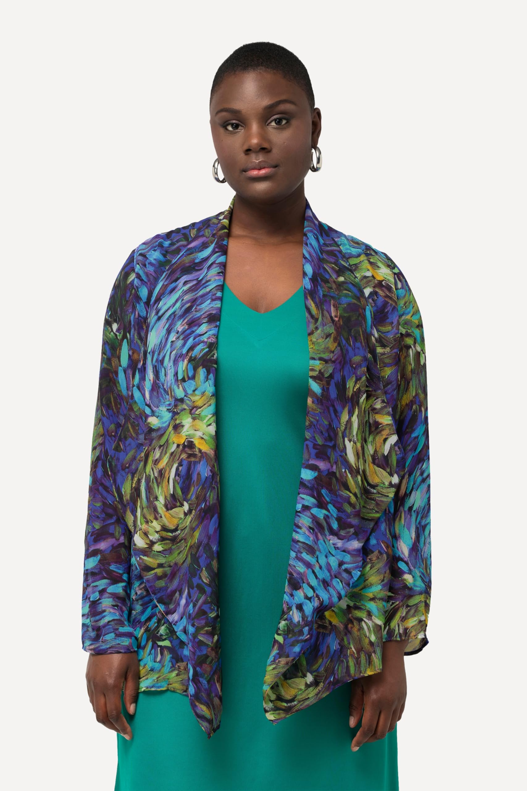 Ulla Popken Femme Grandes Tailles Veste en Mousseline avec col bénitier et Manches Longues 828523