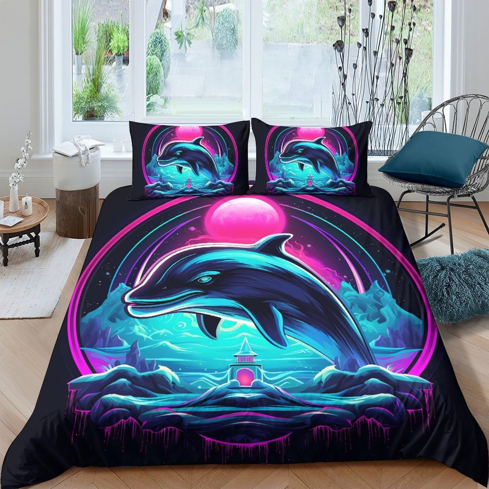 Ctjqhvkz Style-10 3D Printed Neon Dolphin Fitted Sheet Microfiber Soft Breathable Ocean Sunset Bed Cover For Bedroom Dorm Decor Single（135X200cm）