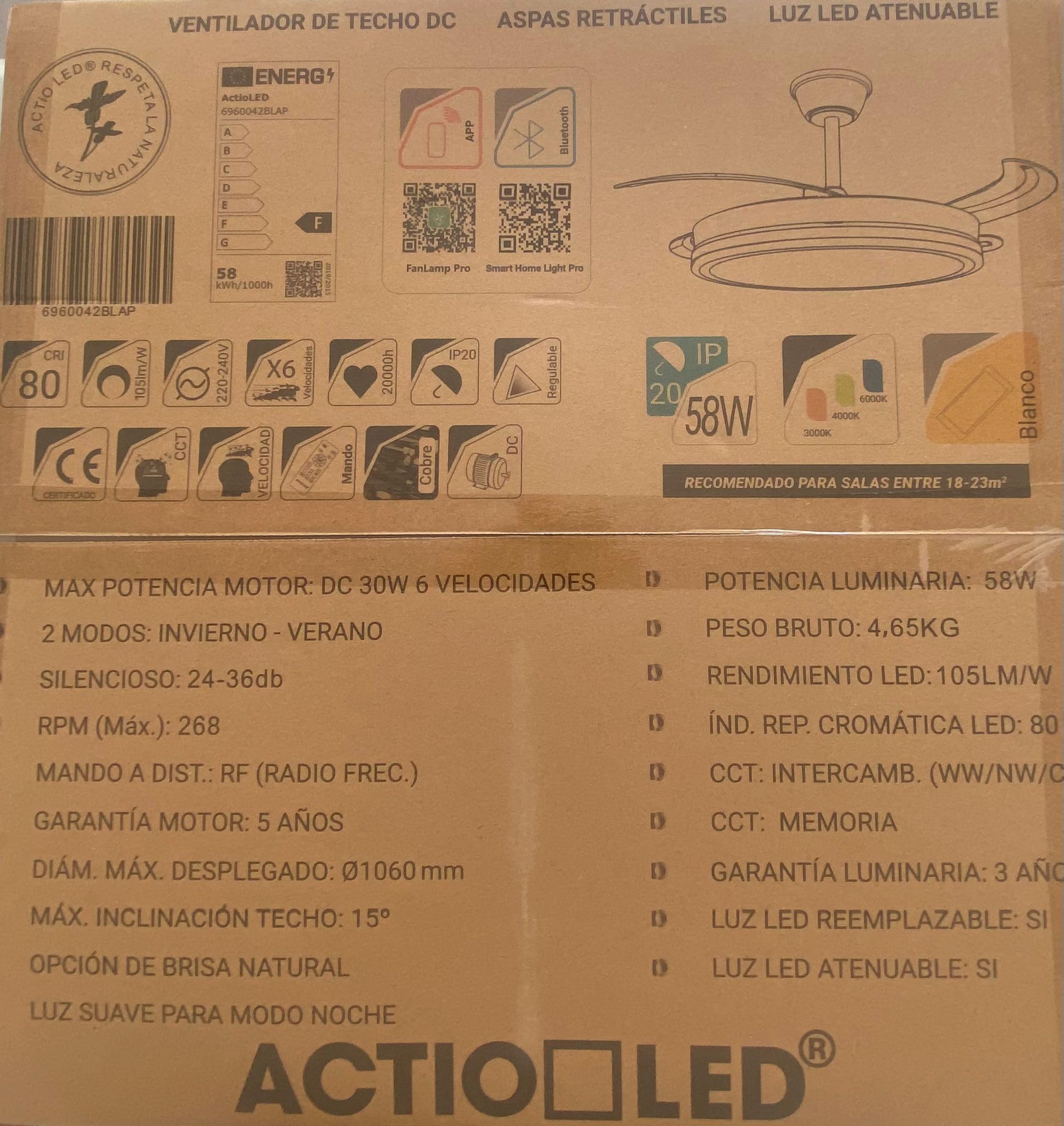 VENTILADOR TECHO LED APP MOVIL FACIL MONTAJE TECHO DC LED ATENUABLE RETRACTIL 4 ASPAS - Opción Sin Pitido, Temporizador, Invierno Verano, 3 Tonos, Modo Brisa, Bajo consumo (Blanco, 107D)