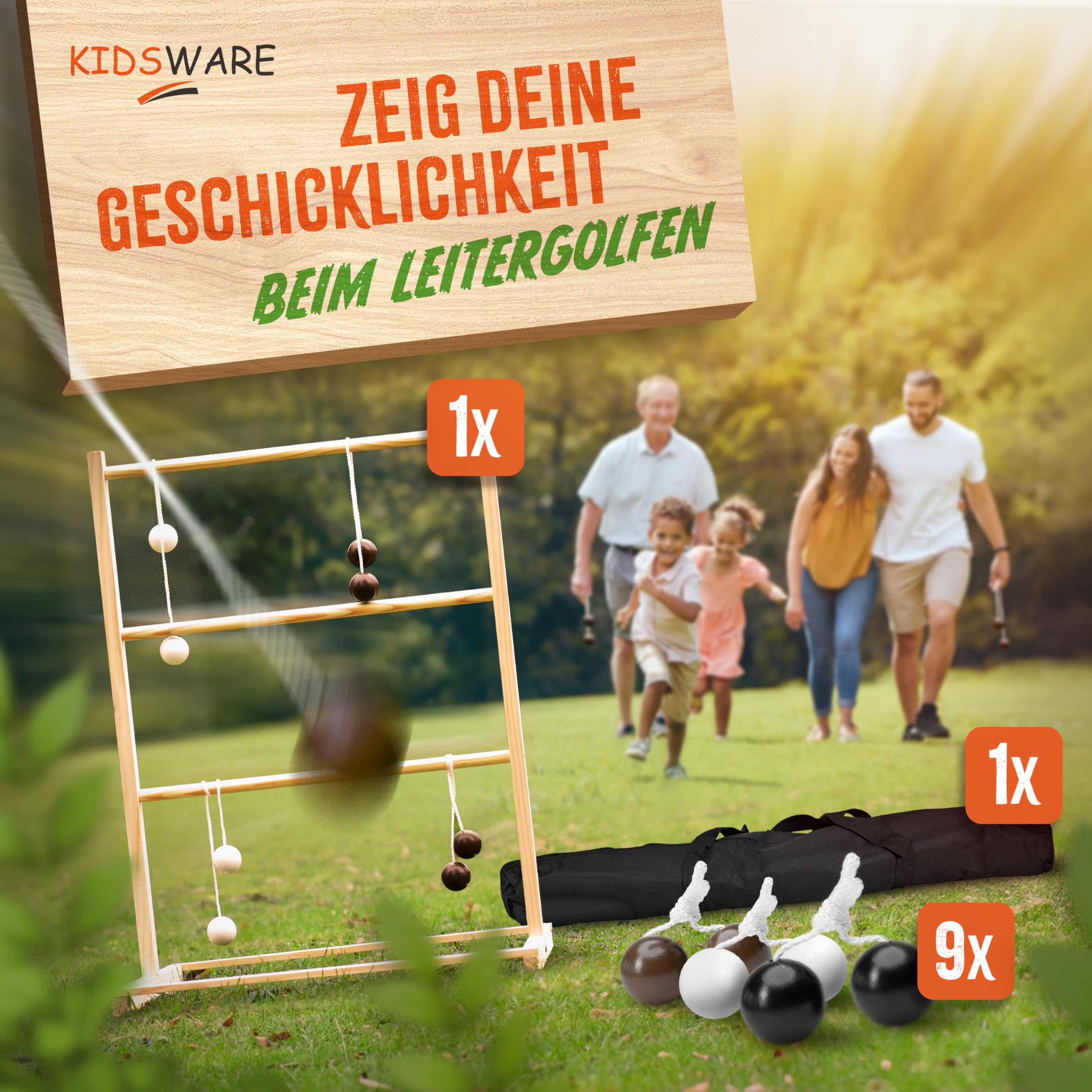 Jeu de golf d'échelle en bois pour adultes et enfants – 55 x 75 cm avec 9 bolas et sac