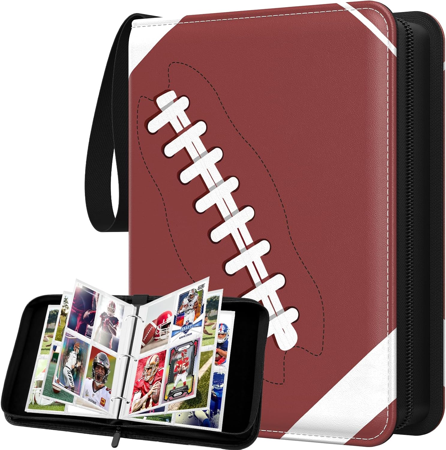 Trading Card Binder with Sleeves, 4-Pocket Football Card Binder Premium 440 Double Sided Pocket PU Card Collection Binder, Display Case with Football Card Sleeves Card Holder Protectors Set 440 Football