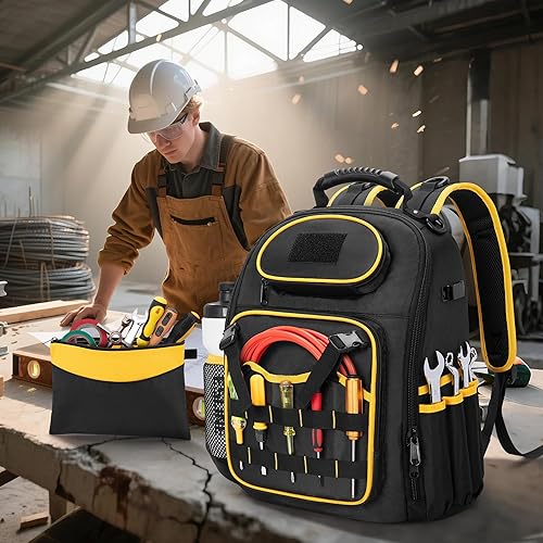 Miniatura 9 de Mochila de herramientas con bolsa de herramientas, bolsa de herramientas resistente con múltiples bolsillos, color negro