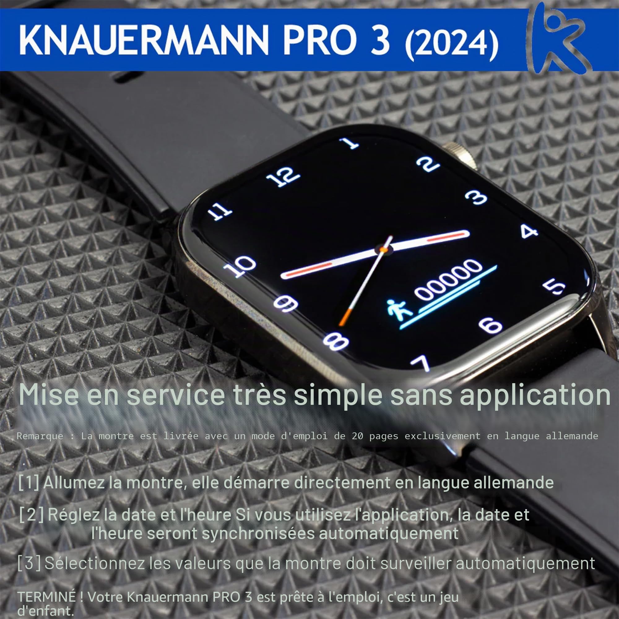 Knauermann Pro 3 (2024) Noir - Montre sanitaire Smartwatch avec Fonction téléphonique - Capteurs OSRAM - Fonction ECG + HRV - BT Bluetooth - Apnée du Sommeil - Pression artérielle - Bracelet en
