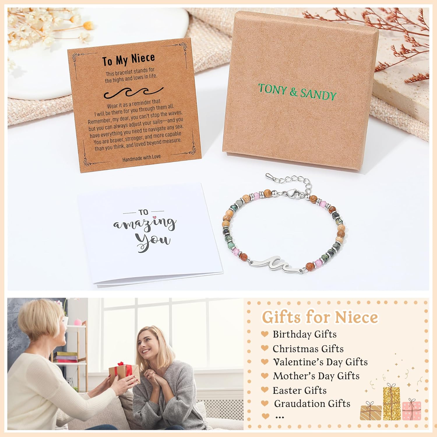 TONY & SANDY Friend Gifts for Women, Unique Birthday Gifts for Women, Sister Gift from Sister, Wave Bracelet, Christmas Graduation Mothers Day Gift for Her, Bestie Friendship Bracelets