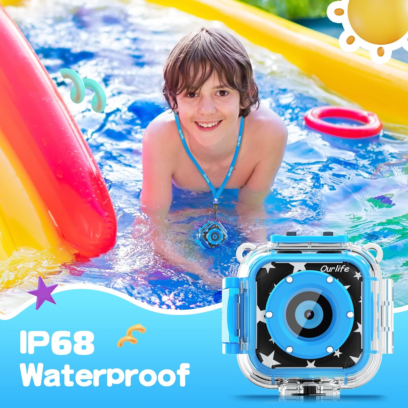 Ourlife - Fotocamera impermeabile per bambini dai 3 ai 12 anni, regalo di compleanno per bambini, per sport subacquei, con schermo da 4,4 cm (blu navy)