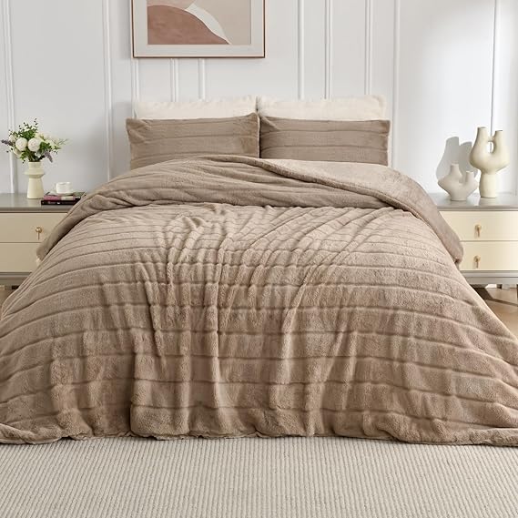 ENCOFT Brown Fleece Comforter Queen Size, 3 Piece Super