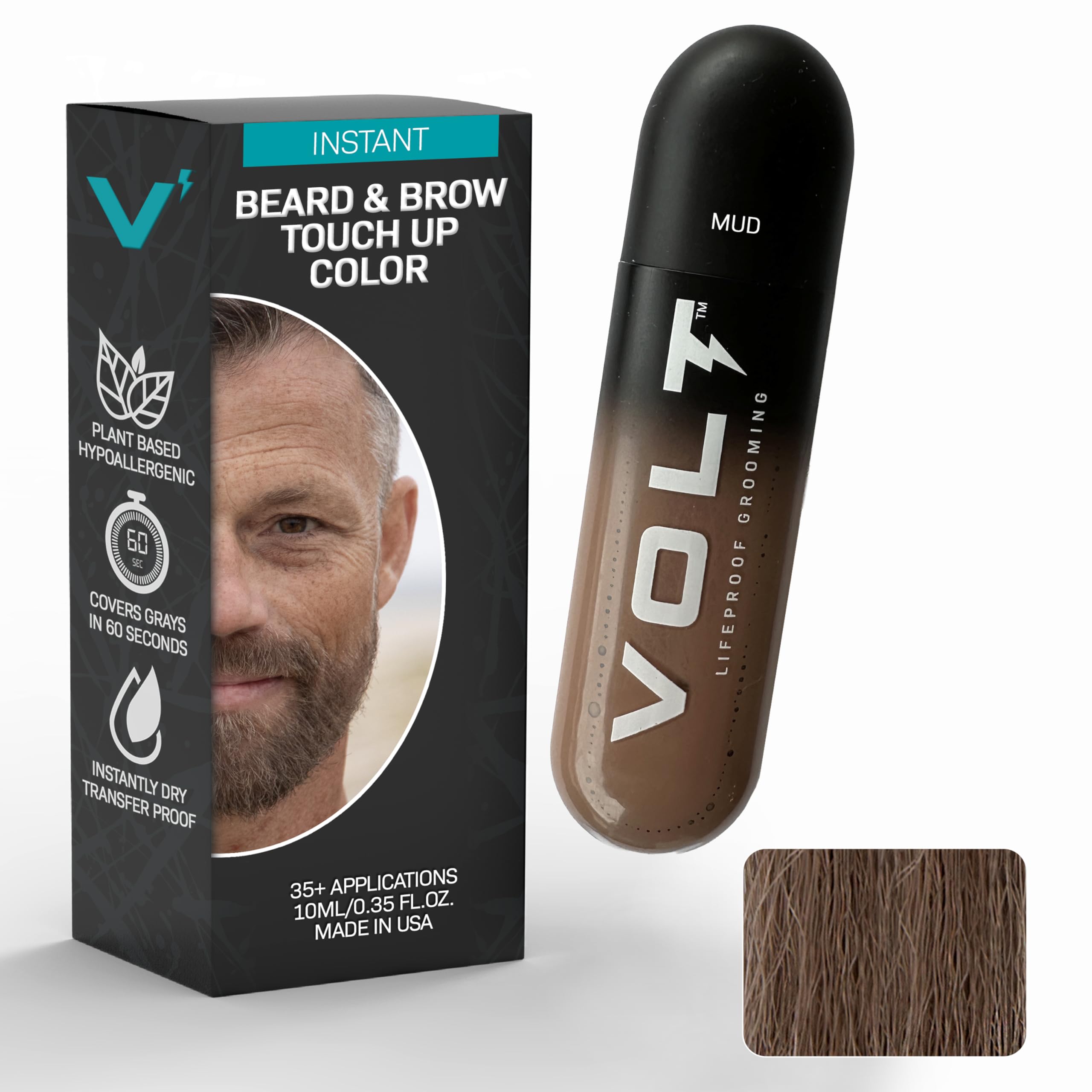 VOLT Grooming Temporary Instant Beard Color Single Pack - Quick Drying Plant Based Hypoallergenic Brush on Color for Beards, Mustaches, and Eyebrows- 0.35 Fl Oz (10 ml), Mud (Brown)