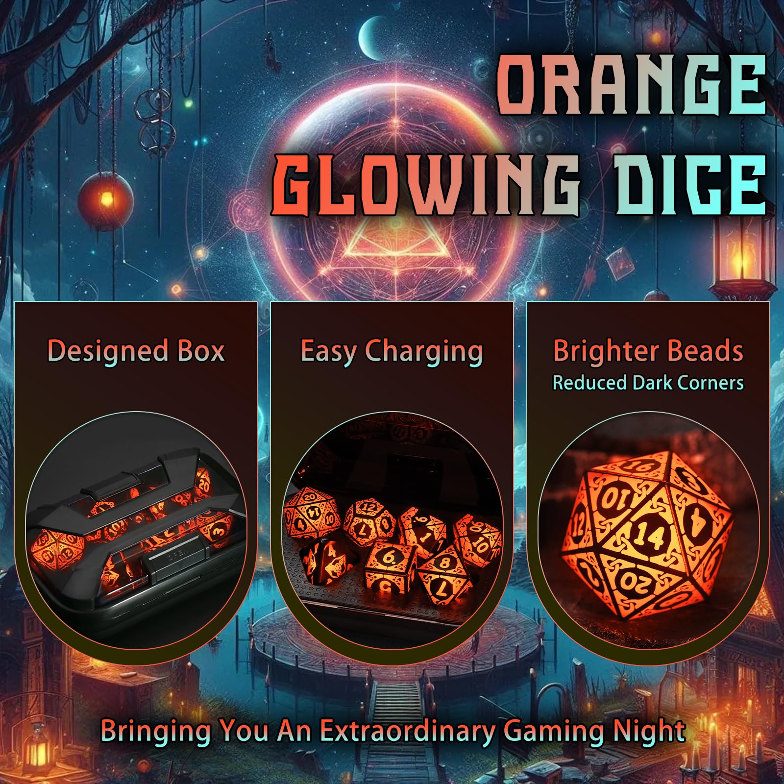 LED Dice Set DND, Cool Light up Dice Set Rechargeable for Dungeons and Dragons, ZHOORQI Polyhedral D and D Dice with Charging Box for Role Playing Game Gifts (Orange-Shackles)