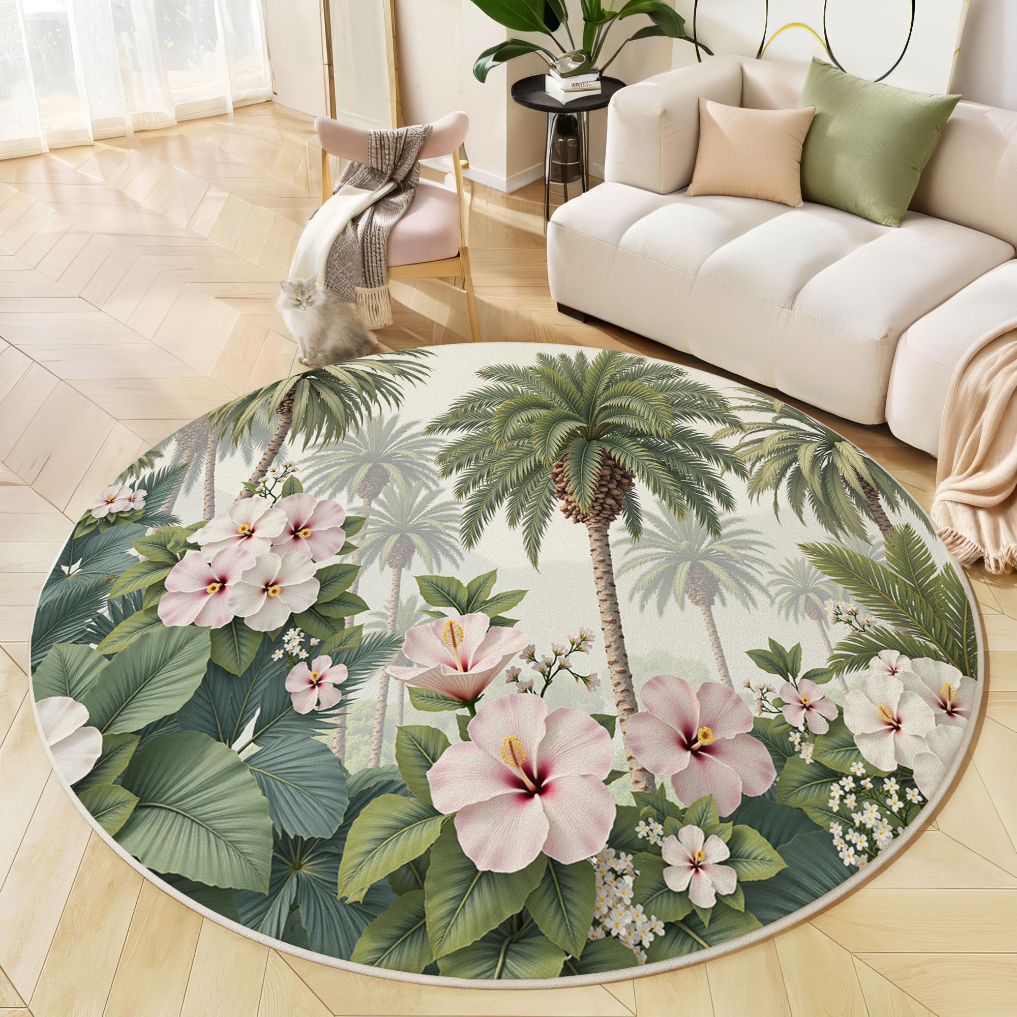 Tapis rond 180cm poil ras motif vert paysage tropical pour salon