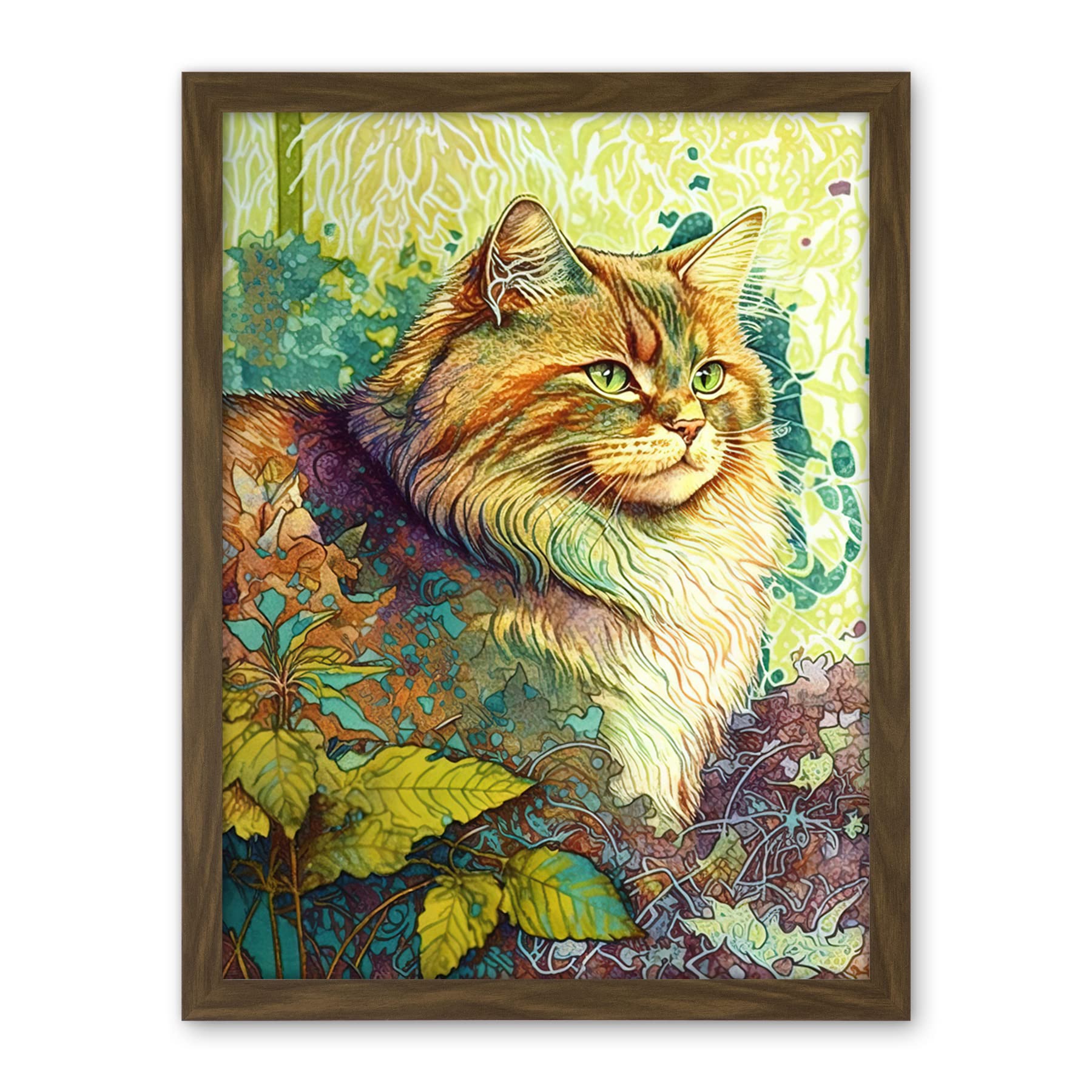 Artery8 Siberian Cat in Nature Vibrant Colourful Modern Portrait Illustration Artwork Framed Wall Art Print 18X24 Inch