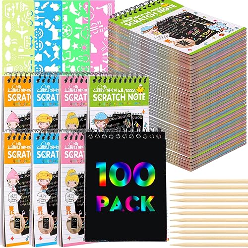 Fulmoon Paquete de 100 blocs de notas para rascar para niños, cuadernos de rascar a granel, blocs de notas para raspar a granel, papel de arte arco