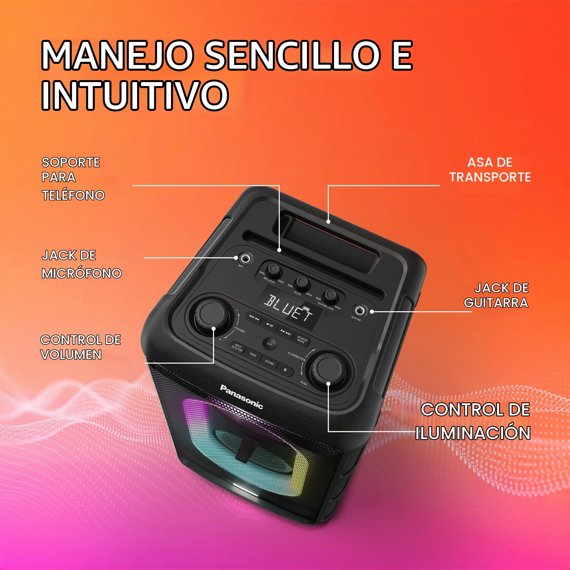 Panasonic SC-BMAX10E-K Altavoz Portátil para Fiestas con Bluetooth, Luces Integradas, 150 W, USB, Entrada Óptica para TV, Entradas de Guitarra y Micrófono para Karaoke, Negro