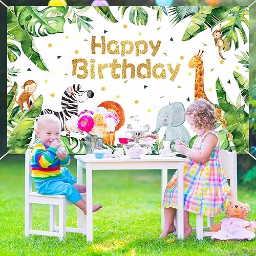 Miniatura 7 de Suministros para fiesta de cumpleaños de safari con temática de animales de la selva, telón de fondo, zoológico, animales, decoraciones de fiesta