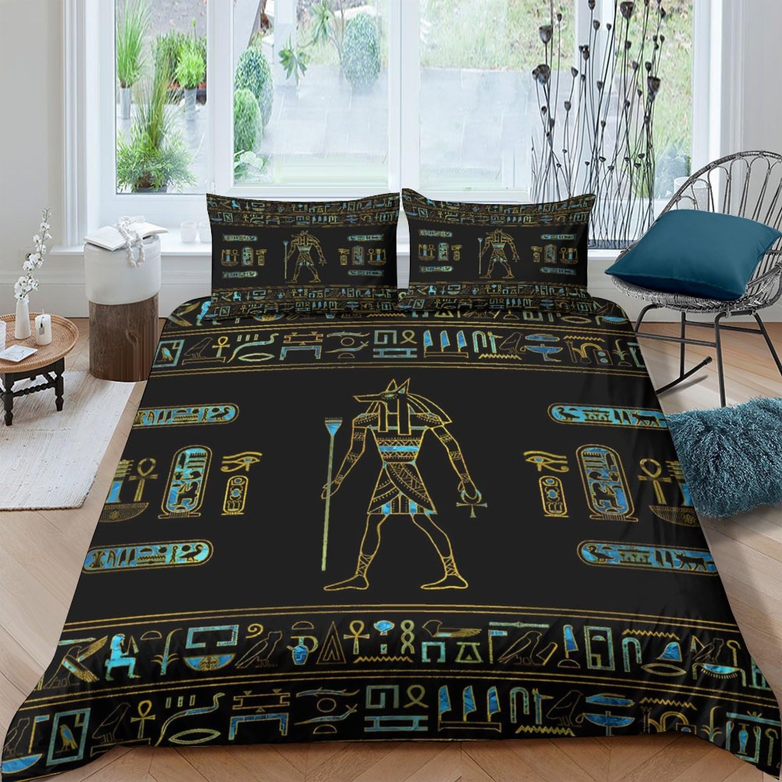 Ctjqhvkz Style-6 3D Printed Egyptian Hieroglyphs Fitted Sheet Microfiber Soft Golden Pharaoh Bed Cover For Bedroom Dorm Decor Single（135X200cm）