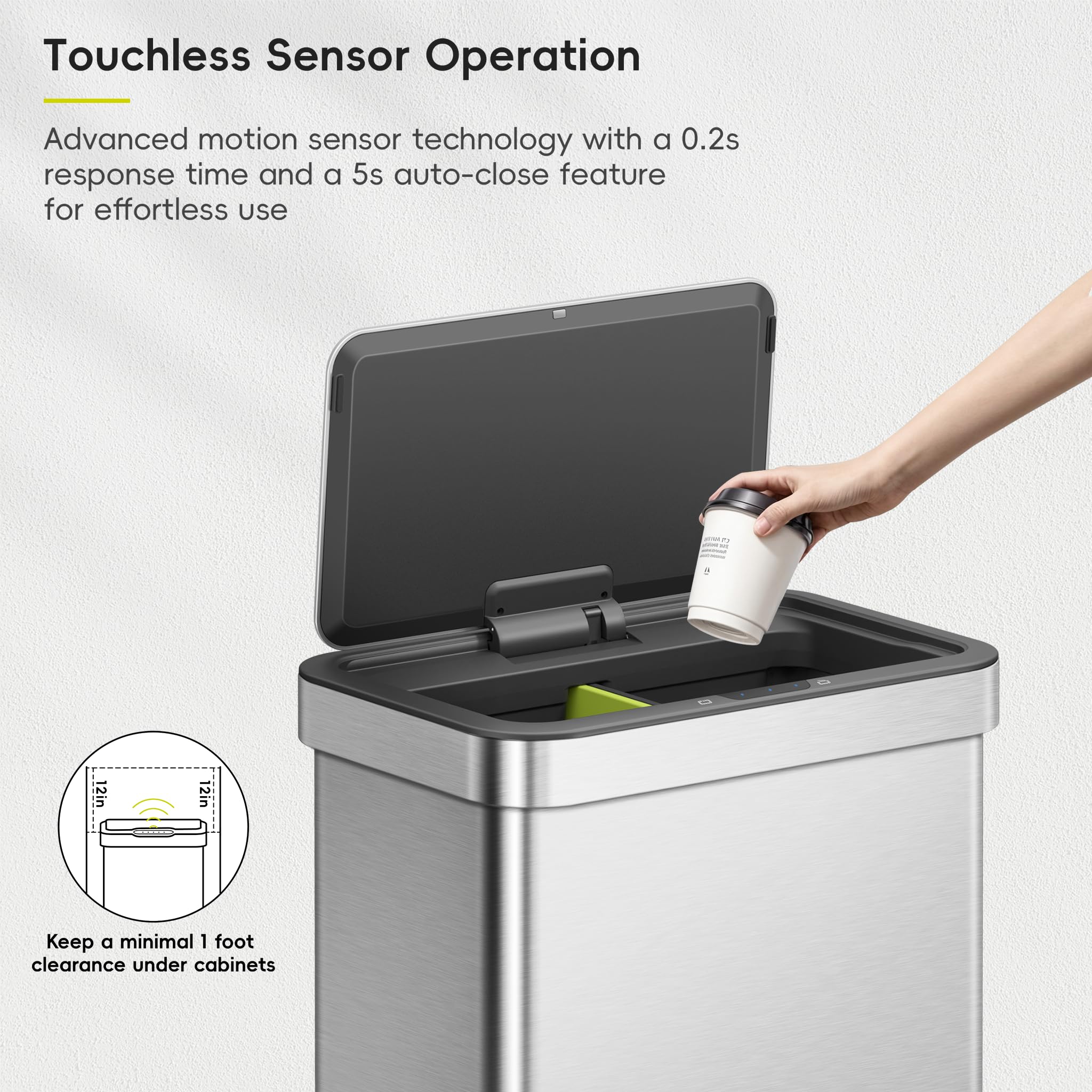 EKO Econova - Cubo de basura con sensor de movimiento doble, 30 L + 30 L, cubo de basura automático para cocina y reciclaje, tapa suave, antihuellas, cubo de basura de acero inoxidable 2