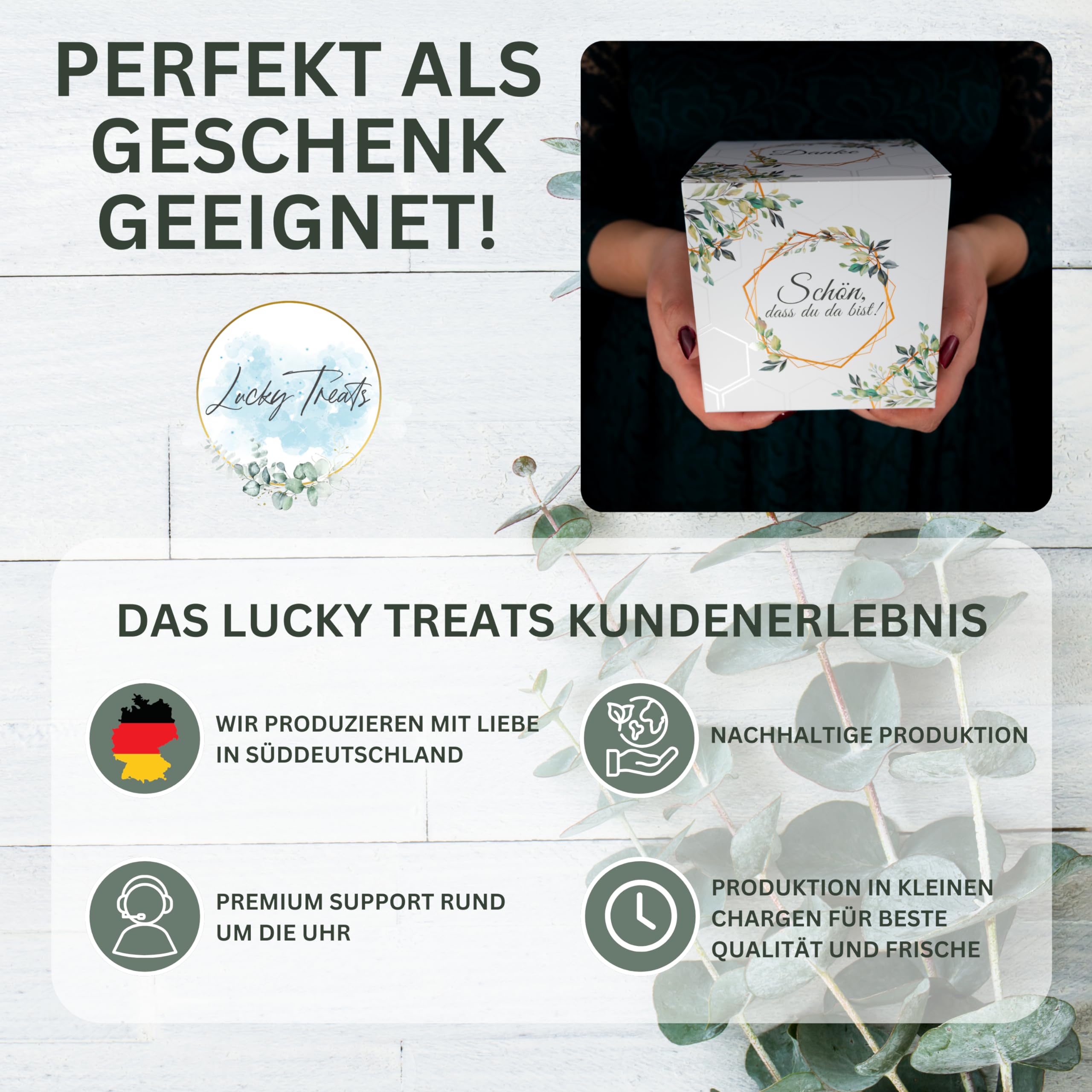 Lucky Treats - Schön, dass du da bist Glückskekse Weiß Eukalyptus - 12er Box - Mit liebevollen Botschaften auf Deutsch und Englisch - Gastgeschenke für Hochzeit & Taufe- Made in Germany