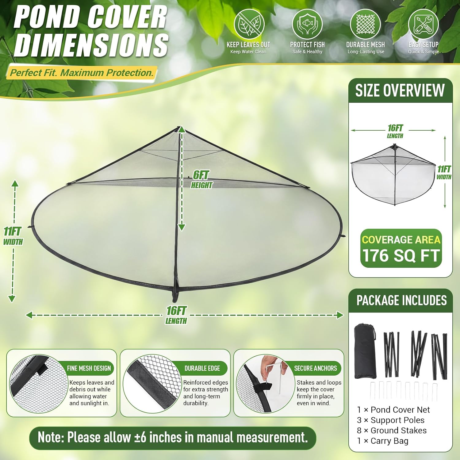 Pond Cover Dome Net with Frame, 11 x 16 ft Outdoor Pond Net Tent for Koi Fish, Protects from Leaves, Birds & Debris, Zippered Garden Enclosure Cover with Storage Bag, Poles, Ground Nails