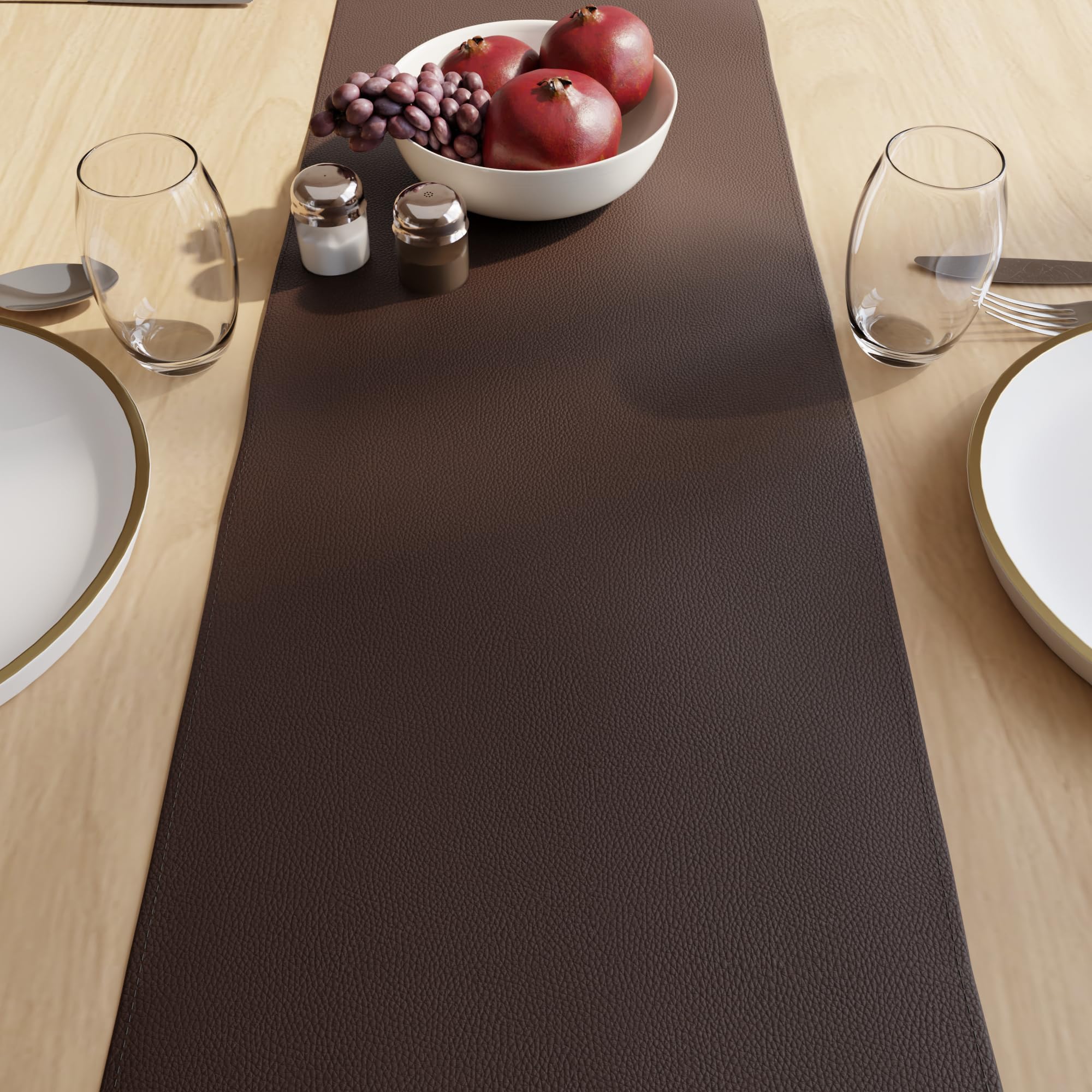 Encasa XO Runner Tavola in Finta Pelle, Impermeabile 12"x72" | Marrone scuro, Spessore 0,7 mm | Retro Tricot Antiscivolo | Facile da Pulire con Panno Umido | Protegge il Tavolo