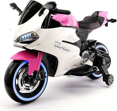 Moderno Kids Street Racer - Motocicleta eléctrica para niños de 12 V + neumáticos de goma de espuma EVA + asiento de cuero + reproductor de música