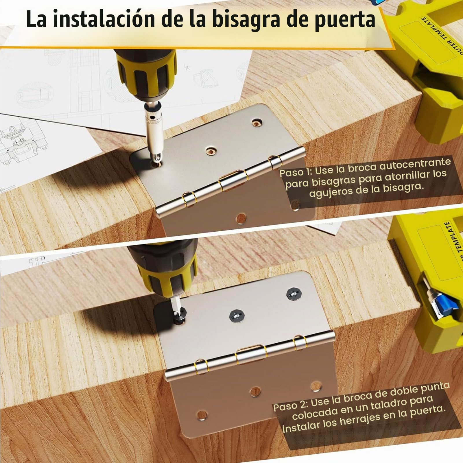 Plantilla de Bisagra de Puerta, Plantilla de Bisagra de Puerta con Espacio de Almacenamiento, Medidor de Profundidad, Kit de Instalación de Plantilla de Enrutador de Bisagra de