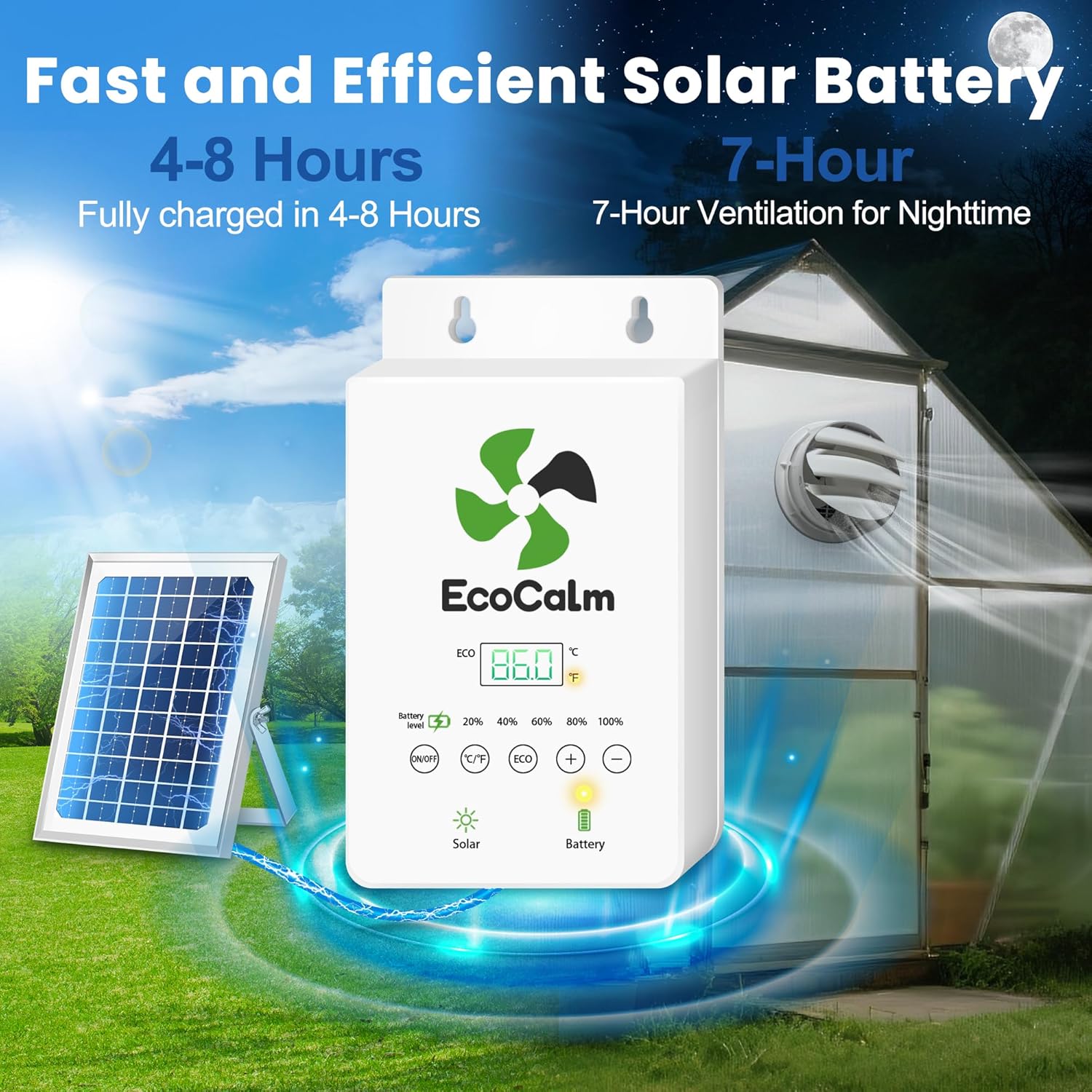 Solar Fan with Battery and Adjustable Thermostat, 8" Solar Powered Fans for Shed with 25W Bifacial Solar Panel & Exhaust Fan for Greenhouse/Outside with Anti-backflow Valve