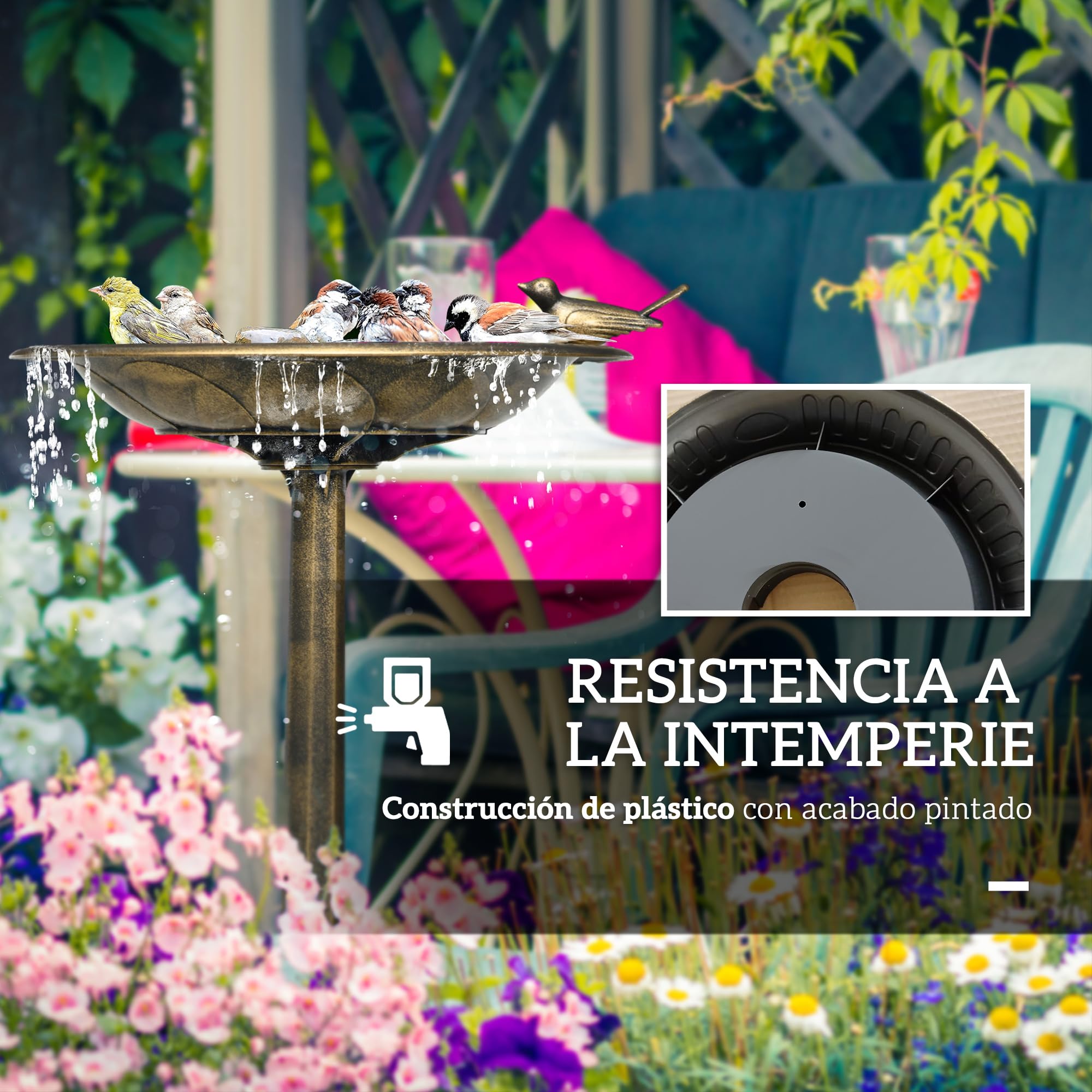 Outsunny Baño para Pájaros de Jardín Exterior, Altura 72 cm, Comedero para Pájaros con Diseño Retro y Elegante, Resistente a la Intemperie y Ligero, Bebedero para Aves al Aire Libre, Bronce