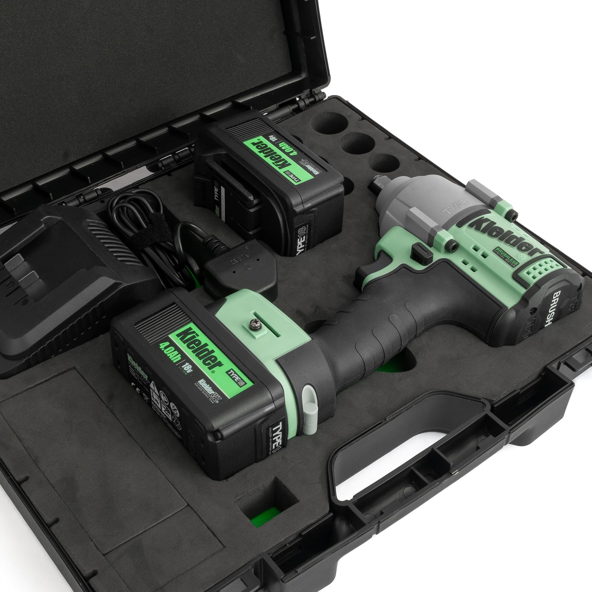 Kielder KWT-180-02 - Kit avvitatore a impulsi senza spazzole senza fili, 1/2", 850 Nm, 2 batterie agli ioni di litio da 4,0 Ah TYPE18, caricabatterie e custodia