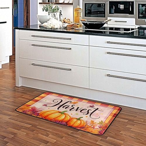 Miniatura 5 de Alfombra de cocina con calabazas de otoño y otoño, antifatiga, a cuadros, calabaza, hojas de arce, tapetes de cocina antideslizantes y lavables