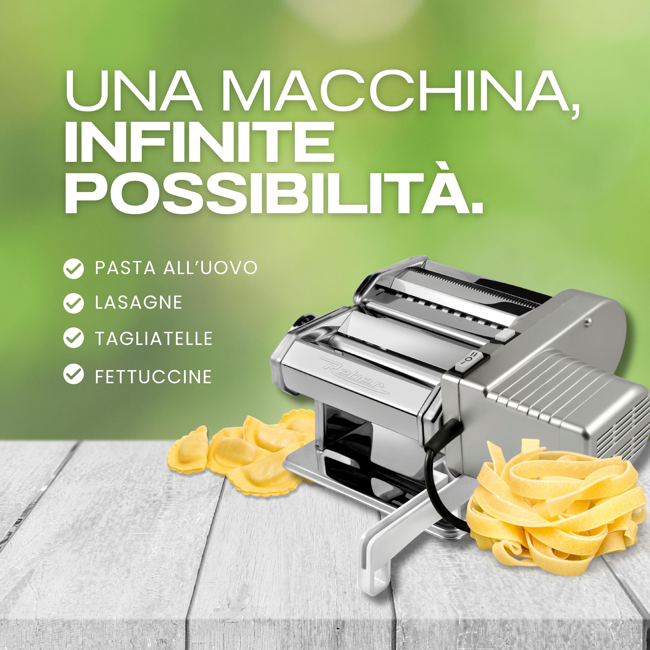 Reber Macchina per la Pasta Fresca Elettrica e Manuale 60 W, 2 Velocità | 9 Livelli di Spessore, Rulli da 150 mm, Sfogliatrice e Taglio Doppio 1,5 + 6,6 mm - PastaReber Kit Elettrico Silver