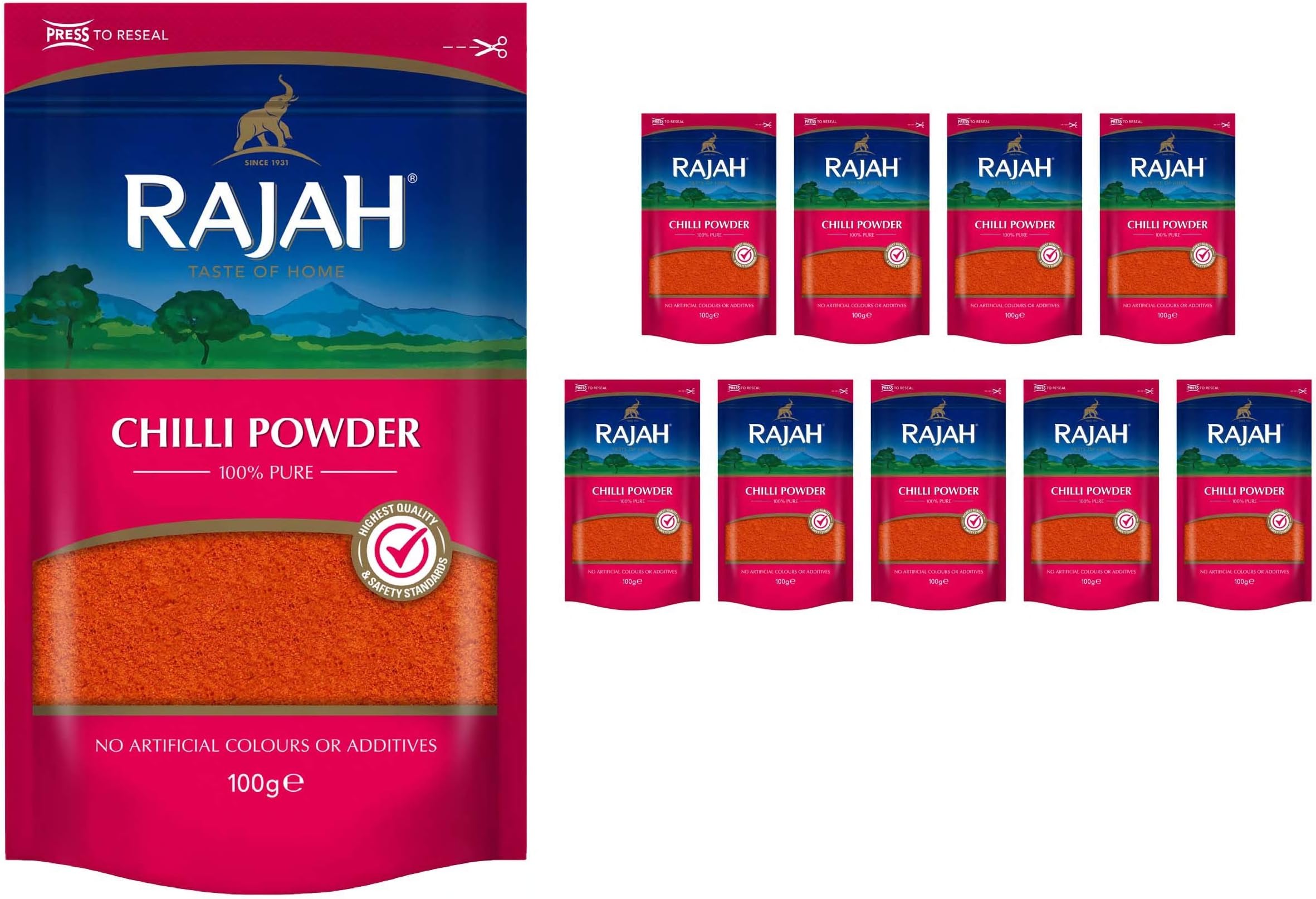 Rajah Spices Chilli Powder | Lal Mirch Powder | Mirch Powder | Chilli | Red Chilli Powder | Hot Chilli Powder | (10 x 100g)