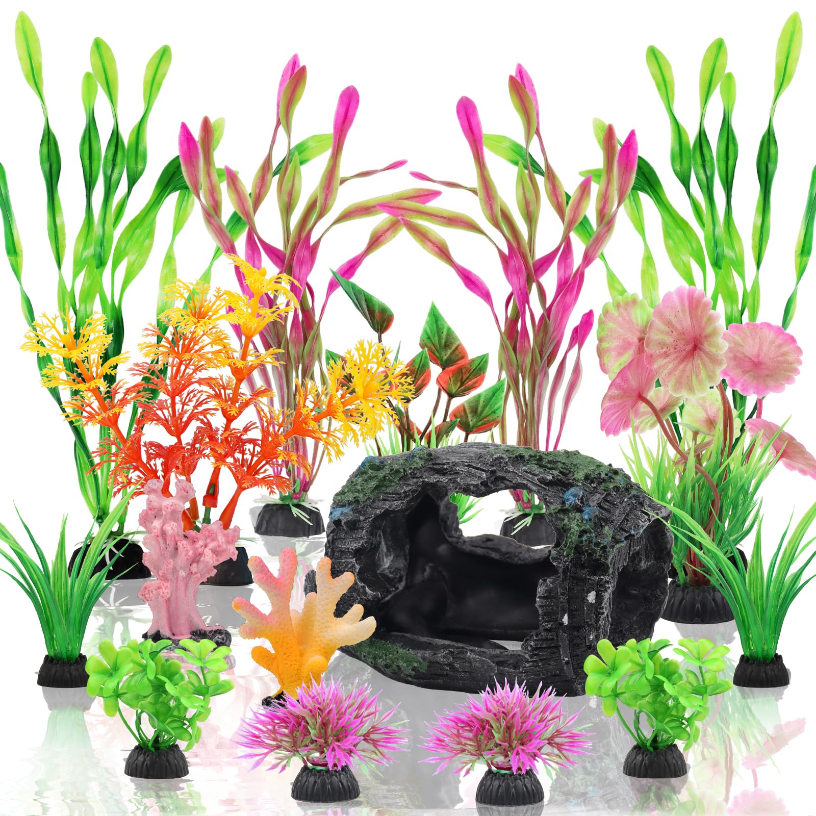 QUOZUO Broken Barrel Fish Tank Decor, 16pcs Fish Tank Accessories Artificial Plants Aquarium Ornaments for Fish Cave Hide - Resin Barrel x1pcs, Coral x2pcs, Aquarium Plastic Plants x13pcs